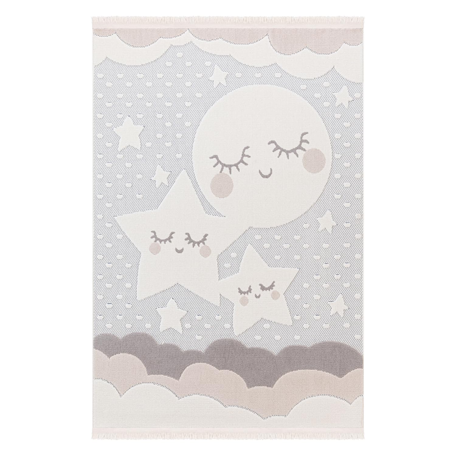 Alfombra Infantil Habitación Niña Niño Dormitorio Nubes Estrellas Arcoiris Animales 120x170cm Gris Claro Beige Crema
