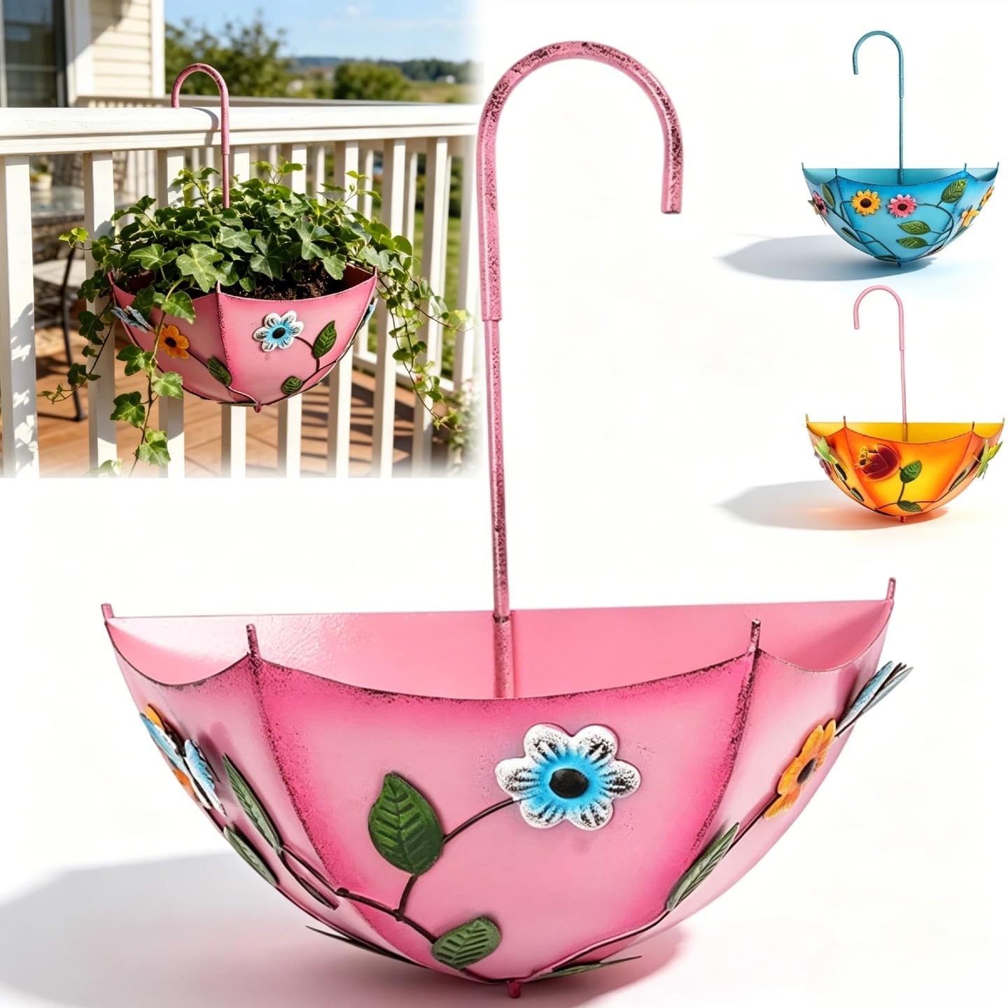 QUNZIDRESS Plant Umbrellas for Outdoor Plants, Farmhouse Umbrella Shaped Wall Hanging Planter – Metal Iron Art with Drainage Holes, No-Drill Flower Pot for Yard, Patio, Balcony, Home Windows Use