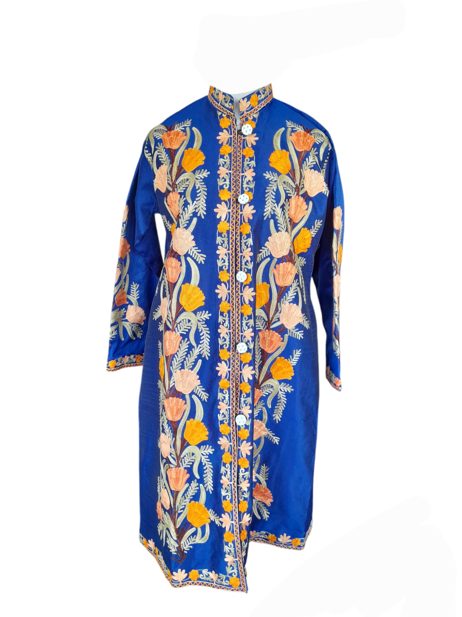 Kashmiri aari embroidery silk coat for women with attach lining || Blue color || L: 41" B: 21" Sleeves: 22" Pockets:2-image-4