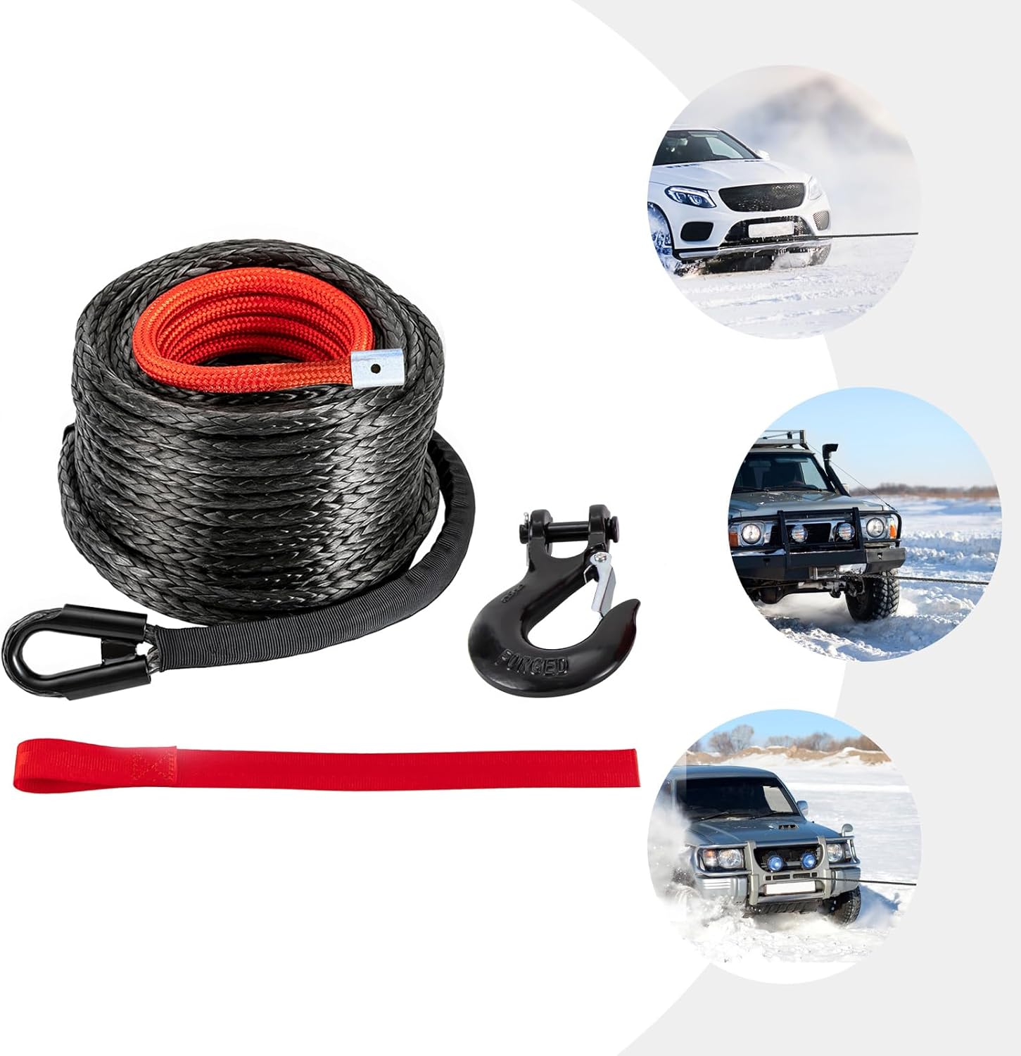 3/8" x100''FT Synthetic Winch Rope - Cable Kit -31500LBS Winch Line with Protective Sleeve Winch Hook Safety Pull Strap go for 4WD Off-Road Vehicle Truck SUV ATV UTV-Black (3/8" x100''FT)