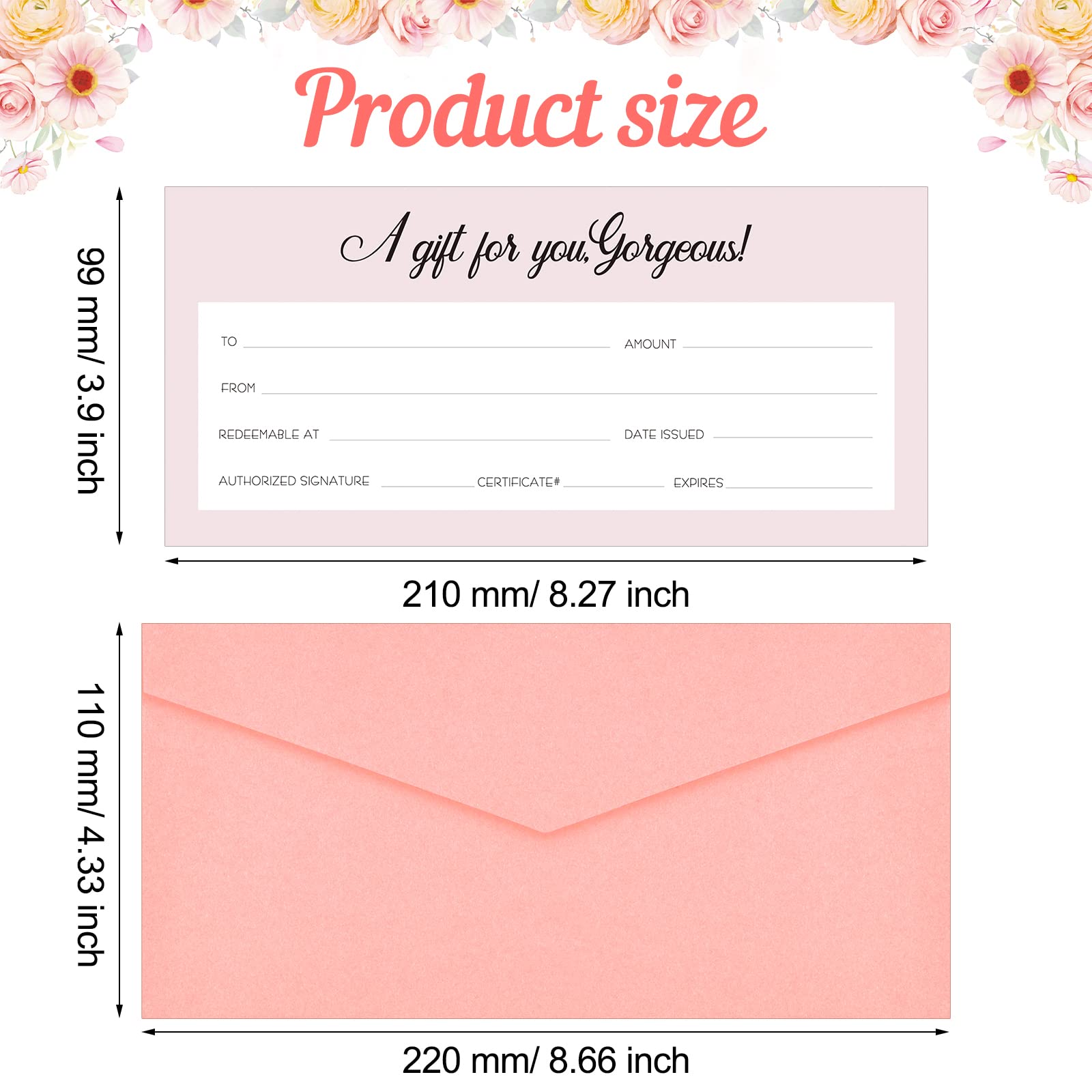 Junkin 60 Pcs Blank Gift Certificate Card and Paper Vouchers and Pink Envelopes Gift Voucher Blank Gifts Cards for Thanksgiving Businesses Wedding Baby Shower, 8.66 x 4.33 Inches