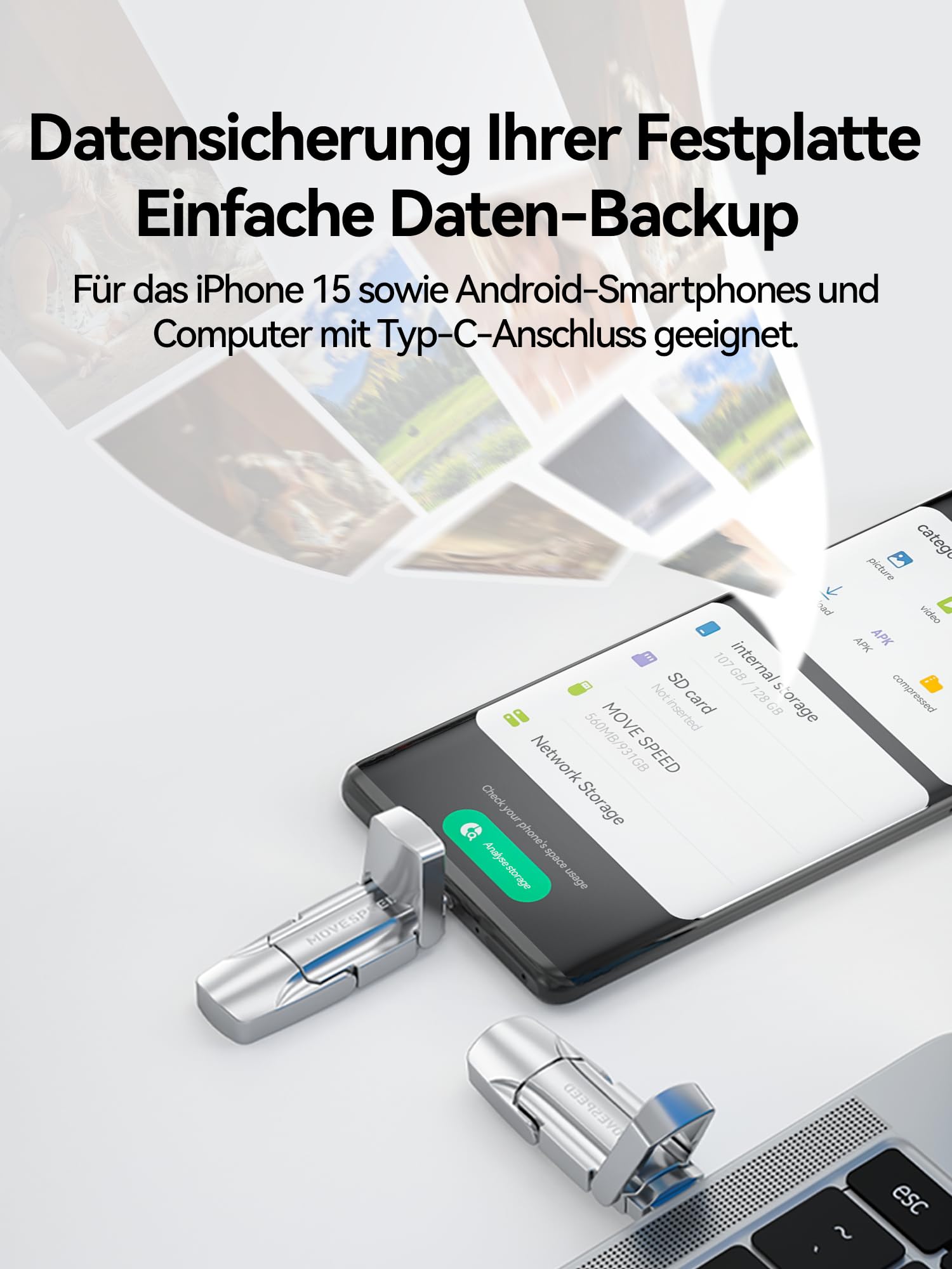 MOVE SPEED USB C Stick 256 GB – SSD esterno ad alta velocità 400 MB/s, dual USB Type-C + USB A 3.2 Gen2, chiavetta OTG compatibile con smartphone Android, iPhone 15, MacBook, laptop e tablet