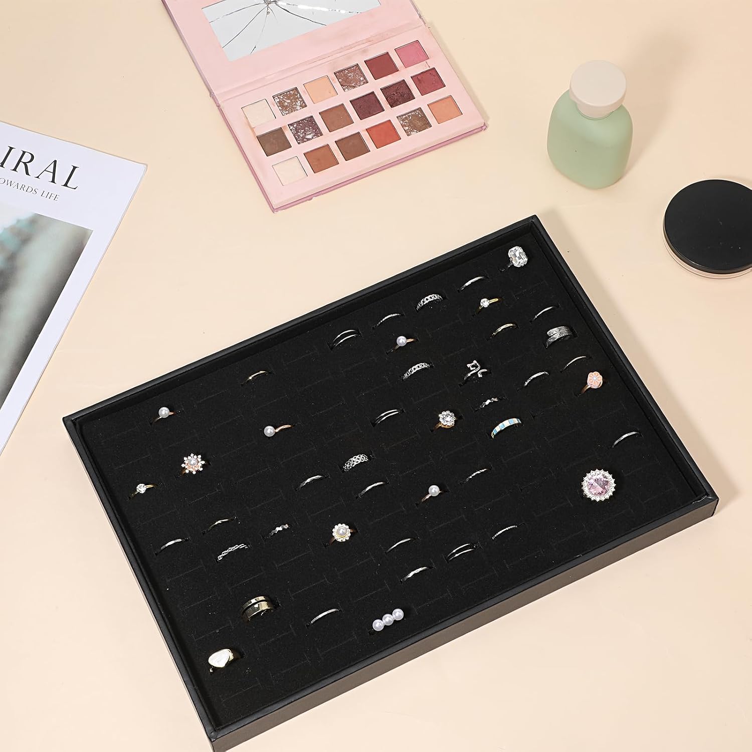 3 Pcs Ring Organizer Dish Tray, Stackable Jewelry Organizer Trays for Drawer,100 Slots Rings Jewelry Displays Black Velvet Ring Jewelry Display Holder Tray for Selling or Home Show Storage