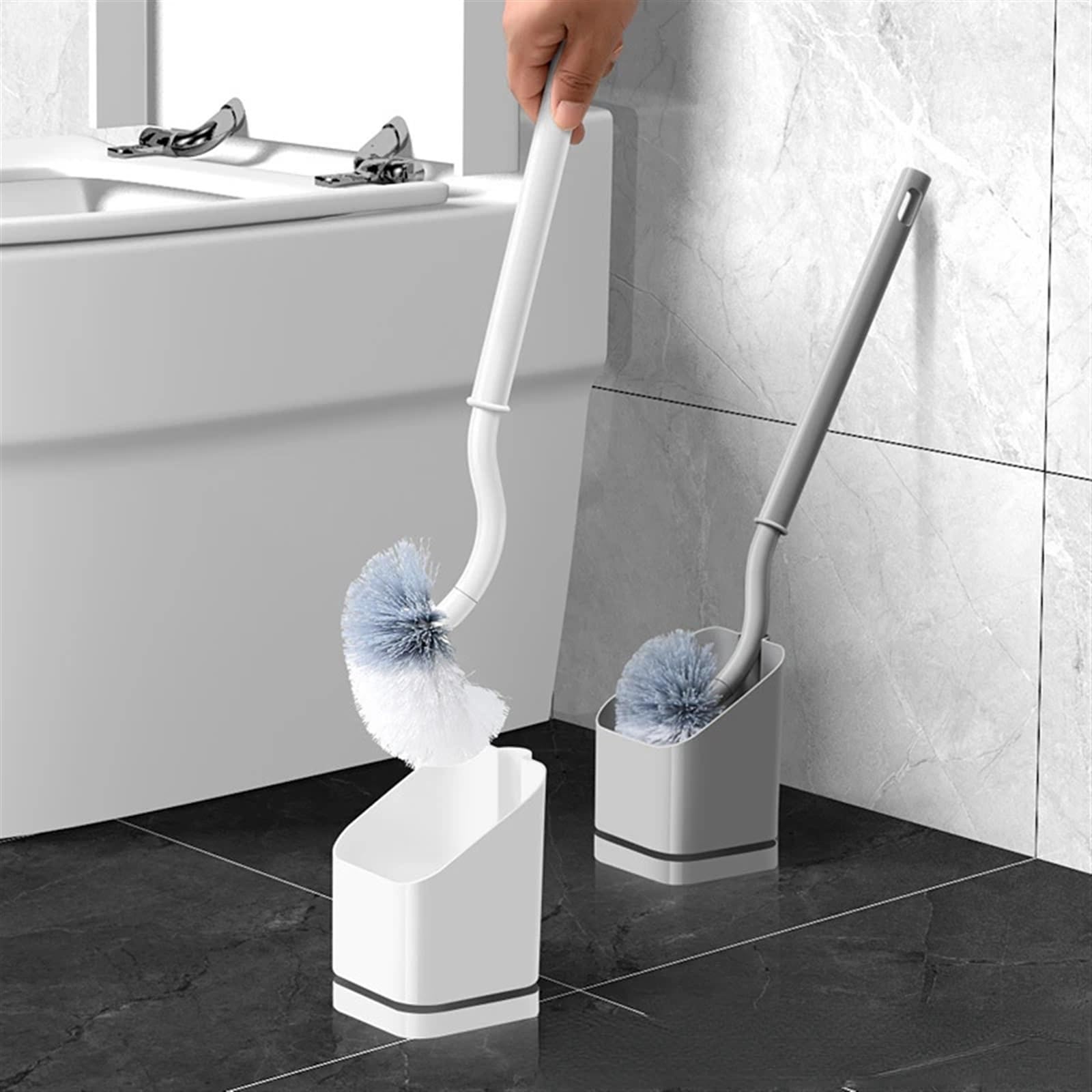 Cepillo de inodoro multifunción sin esquinas muertas, cepillo de pelo suave de mango largo con combinación de base (azul oscuro) (un color blanco)