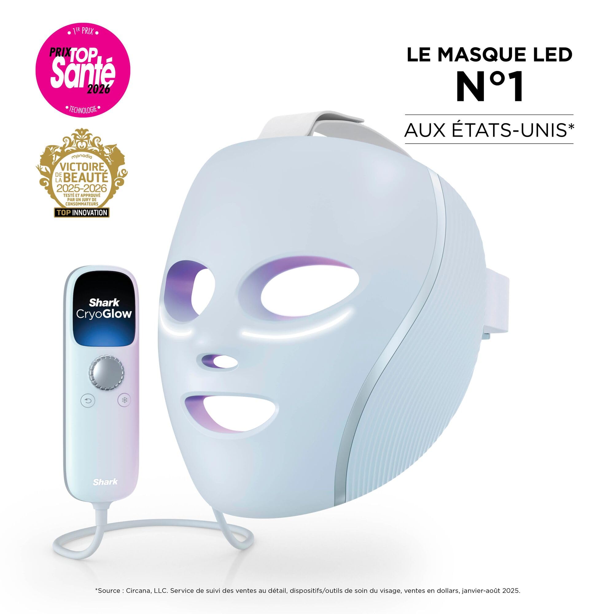 Masque LED Shark CryoGlow avec rafraîchissement du contour des yeux, LED rouge et bleue, Photothérapie par lumière infrarouge, USB-C, Télécommande + Stand de recharge du masque - Lilas XSKACS300EUPL
