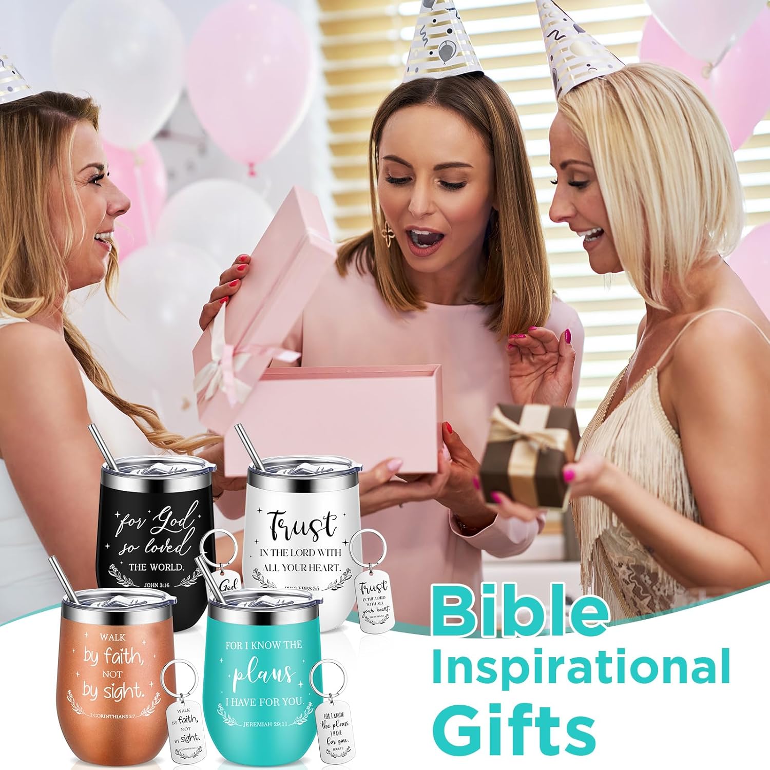 Skylety 4 Sets Christian Tumbler and Bible Verse Keychain Christian Gifts Bulk Religious Scripture Coffee Mug Cups Gifts for Women Christmas Coworker Employee (Multicolor) - Image 6