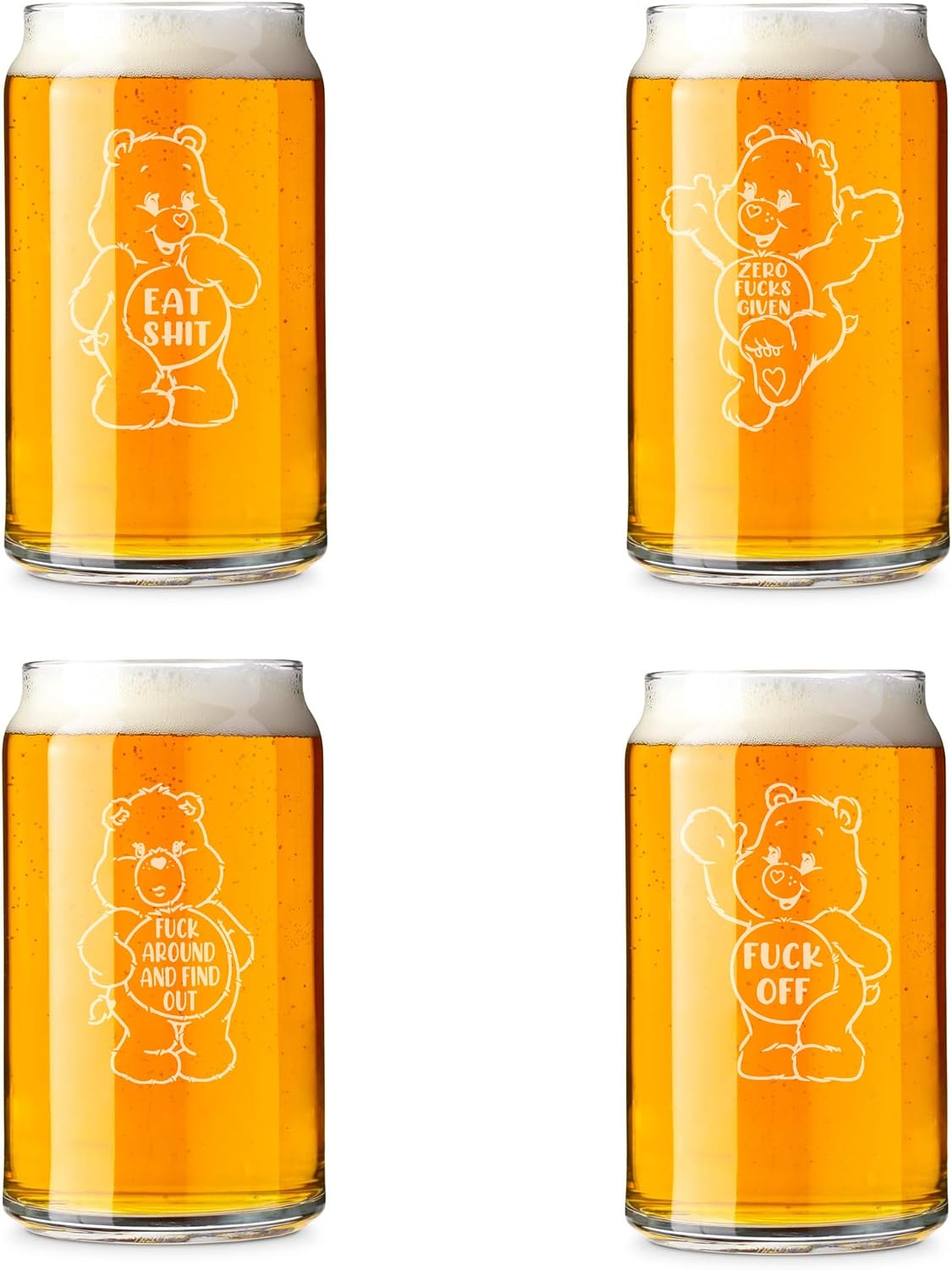 MIP Set of 4 Glass 16 oz Beer Can Glass Gift Swear Bears Funny Collection