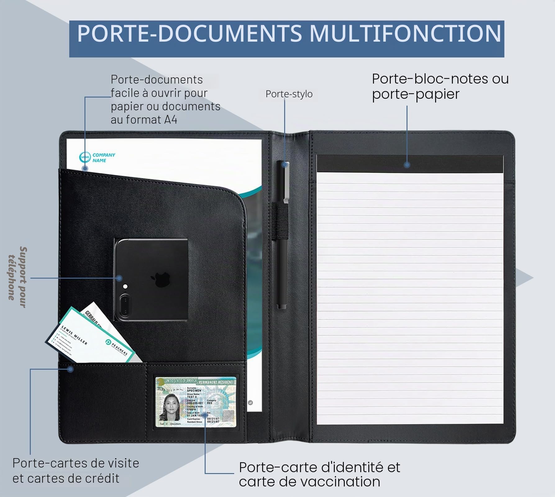 Portfolio en Cuir PU A4 Porte Documents Organisateur Multi-poches avec Tablette Magazine
