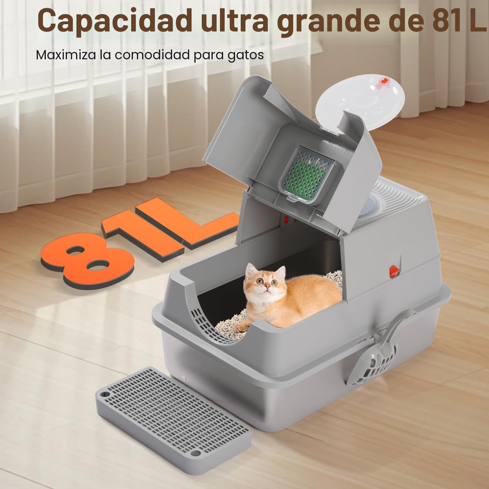 Arenero para gatos de acero inoxidable - Cubierto, adecuado para gatos pequeños, medianos y grandes, fácil de limpiar, control de olores, superficie antiadherente, extraíble, tapa abatible de 180°