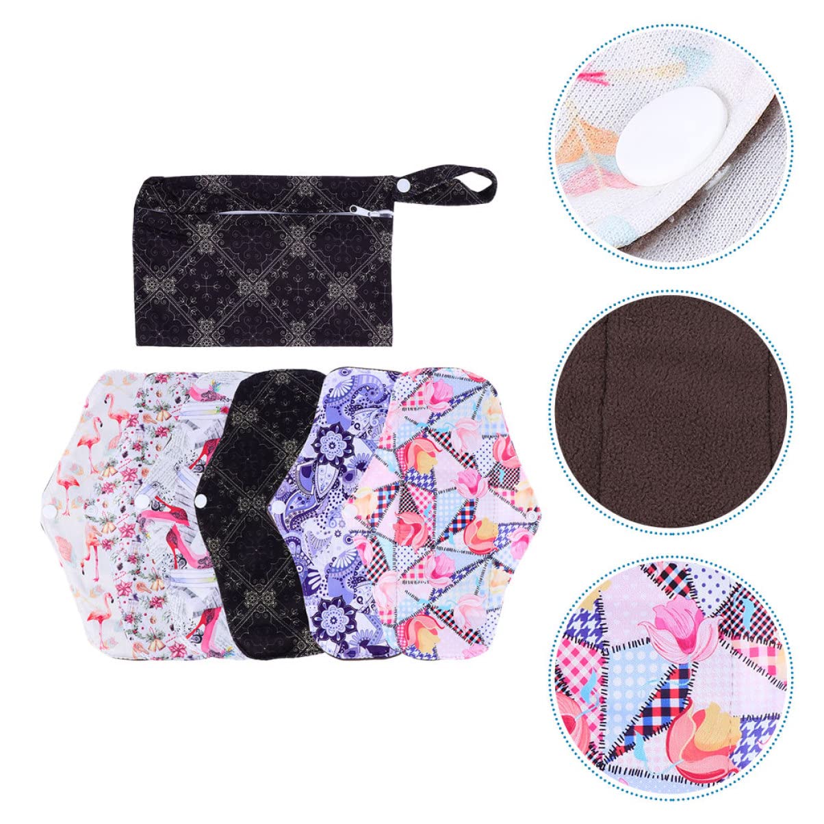 Compresa Menstrual Reutilizable M de Fibra de Carbón 7 Piezas | Alas y Broches de Fijación, Tacto Cómodo para Uso Diario y Ejercicio, Formato Lavable Estilo Aleatorio