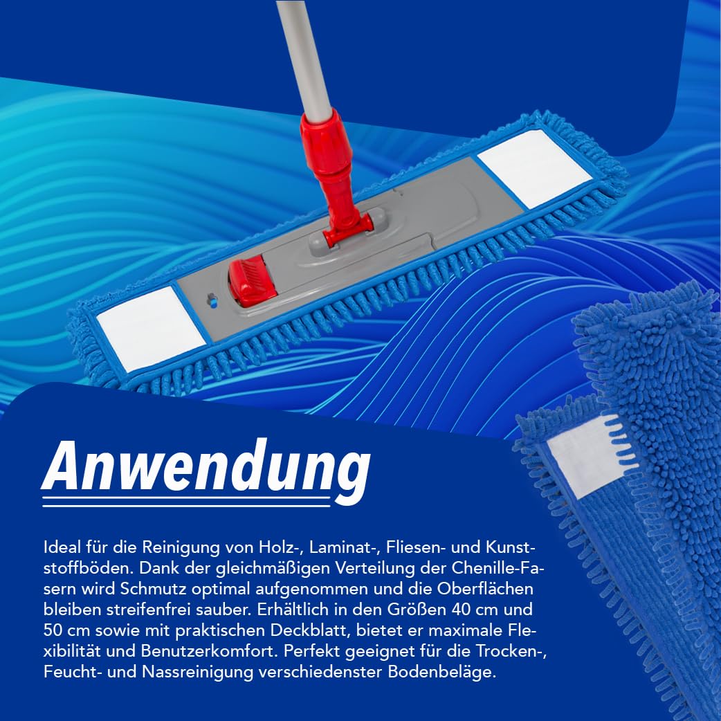 Chenillemopp Basic Wischbezug blau, 50cm - Ersatzbezug für Bodenwischer - Wischmopp Bezug für alle gängigen Klapphalter - Trocken & Nass Reinigung - Bodenreinigung (10x)