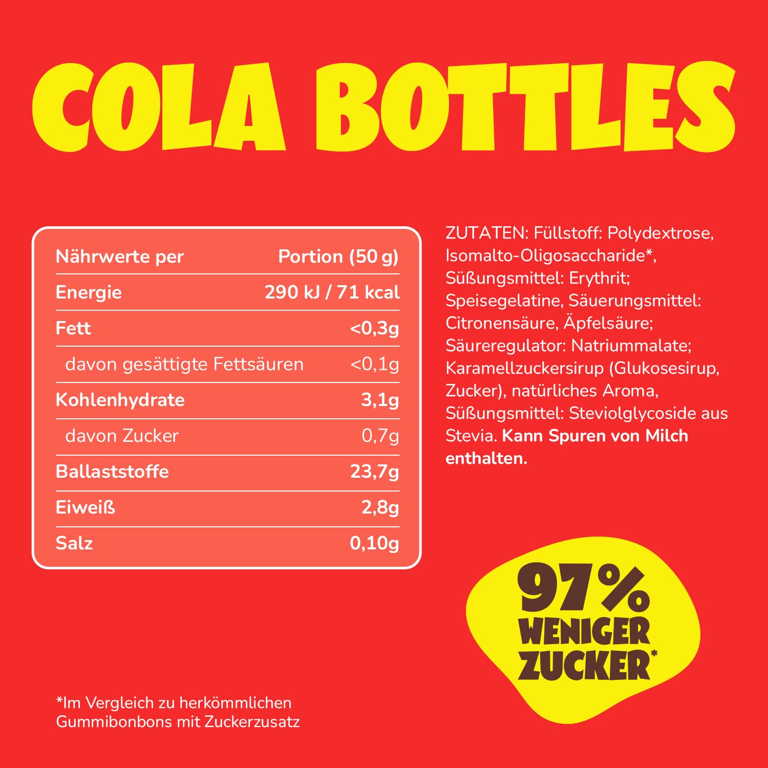 ahead Sour Cola Gummibärchen | Colageschmack Fruchtgummi 18 × 50g | Gummibärchen ohne Zuckerzusatz | Nur 1g Zucker & 73 kcal pro 50g | Kalorienarme Süßigkeiten & ballaststoffreich