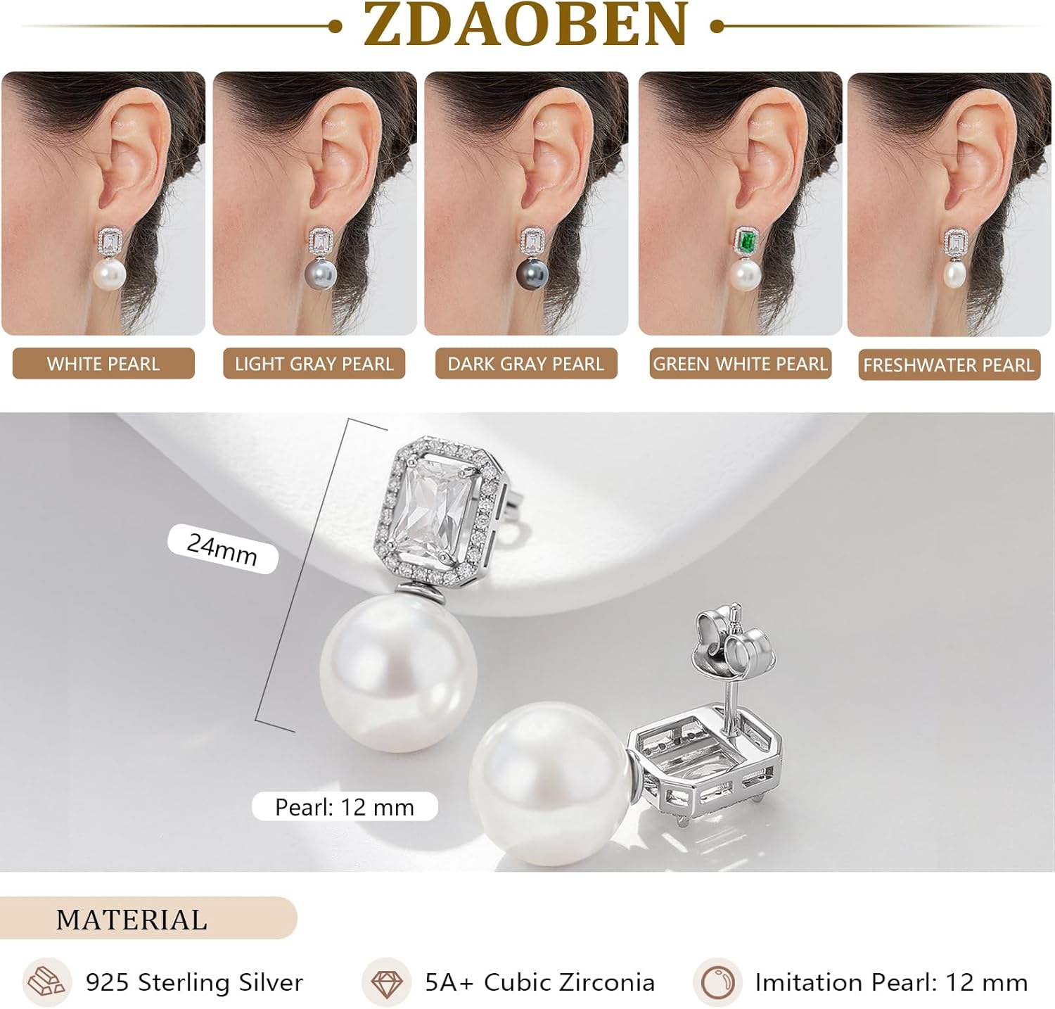 Elegant Pearl Stud Earrings for Women, 925 Sterling Silver Cubic Zirconia CZ Large Pearl Earring Jewelry 12MM - Image 6