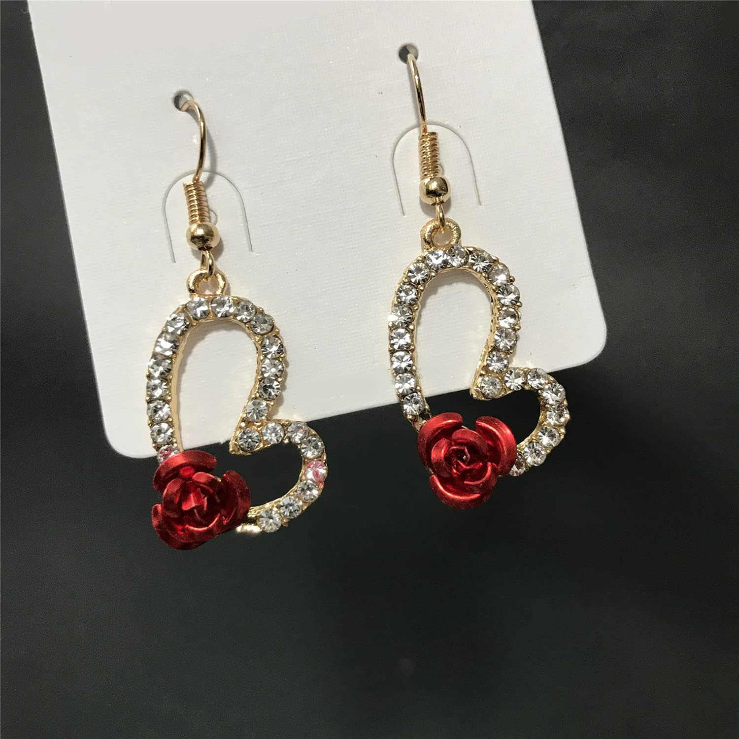 ANDPAI Vintage Wine Red 3D Rose Dangle Drop Earrings for Women Statement Heart Dangle Earrings with Crystal Rhinestone Valentine's Day Gifts - Image 8