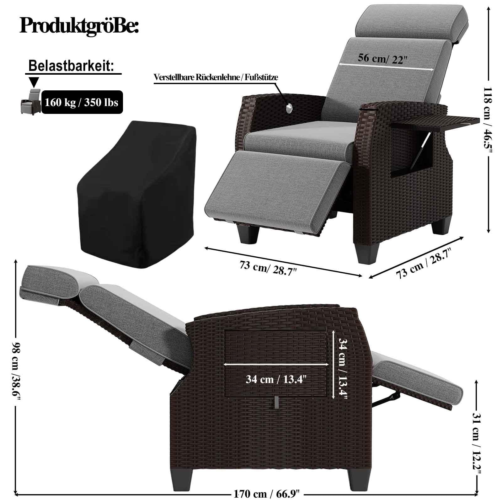 Fiutazge 2-częściowy leżak relaksacyjny z funkcją leżenia, fotel relaksacyjny z regulowanym oparciem i podnóżkiem, fotel ogrodowy z poduszką do siedzenia, leżak rattanowy na balkon, do ogrodu, salonu