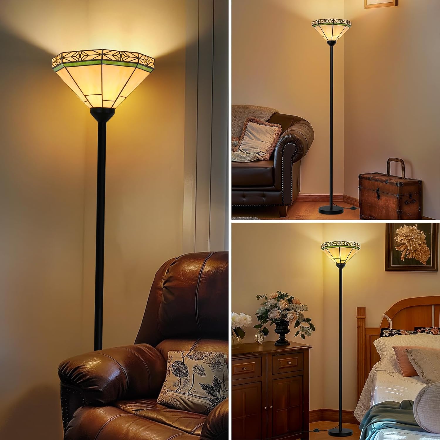 Floor Lamp with Stained Glass Shade, Vintage Style Torchiere Standing Lamp, Tall Pole Lamp with Foot Switch, Mid Century Modern Decorative Corner Light for Living Room Bedroom Home Office(E26 Base)