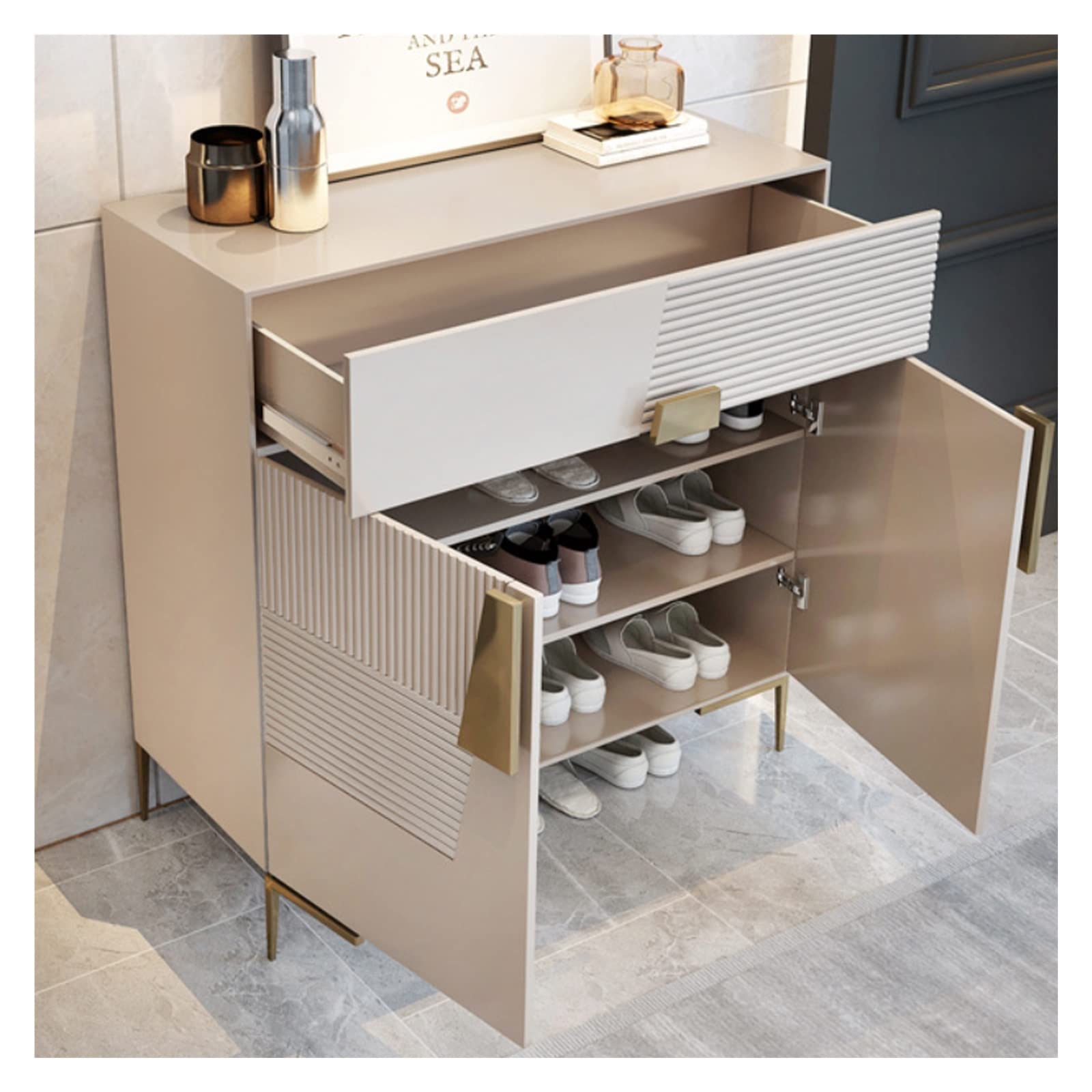 HEXEH Schuhschrank - Schuhregal, Multifunktionaler Stauraum - Beige, 90x35x105cm