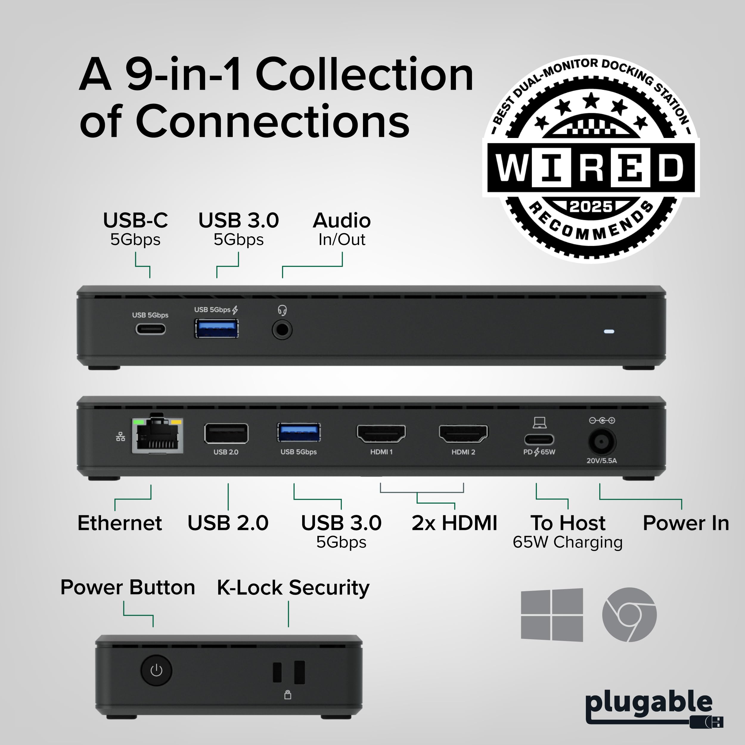 Plugable UD-MSTH2 Station d'accueil USB C double moniteur 2 ports HDMI, station de distribution d'alimentation, double moniteur 4K pour Windows, ChromeOS, 1 port USB-C, 3 ports USB, Ethernet et audio