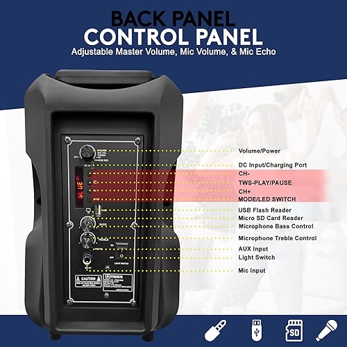 Miniatura 3 de Fisher Altavoces Bluetooth inalámbrico con luces LED 10 W de salida de subwoofer, 1800 W de potencia máxima8 pulgadas ligero DJ portátil máquina de