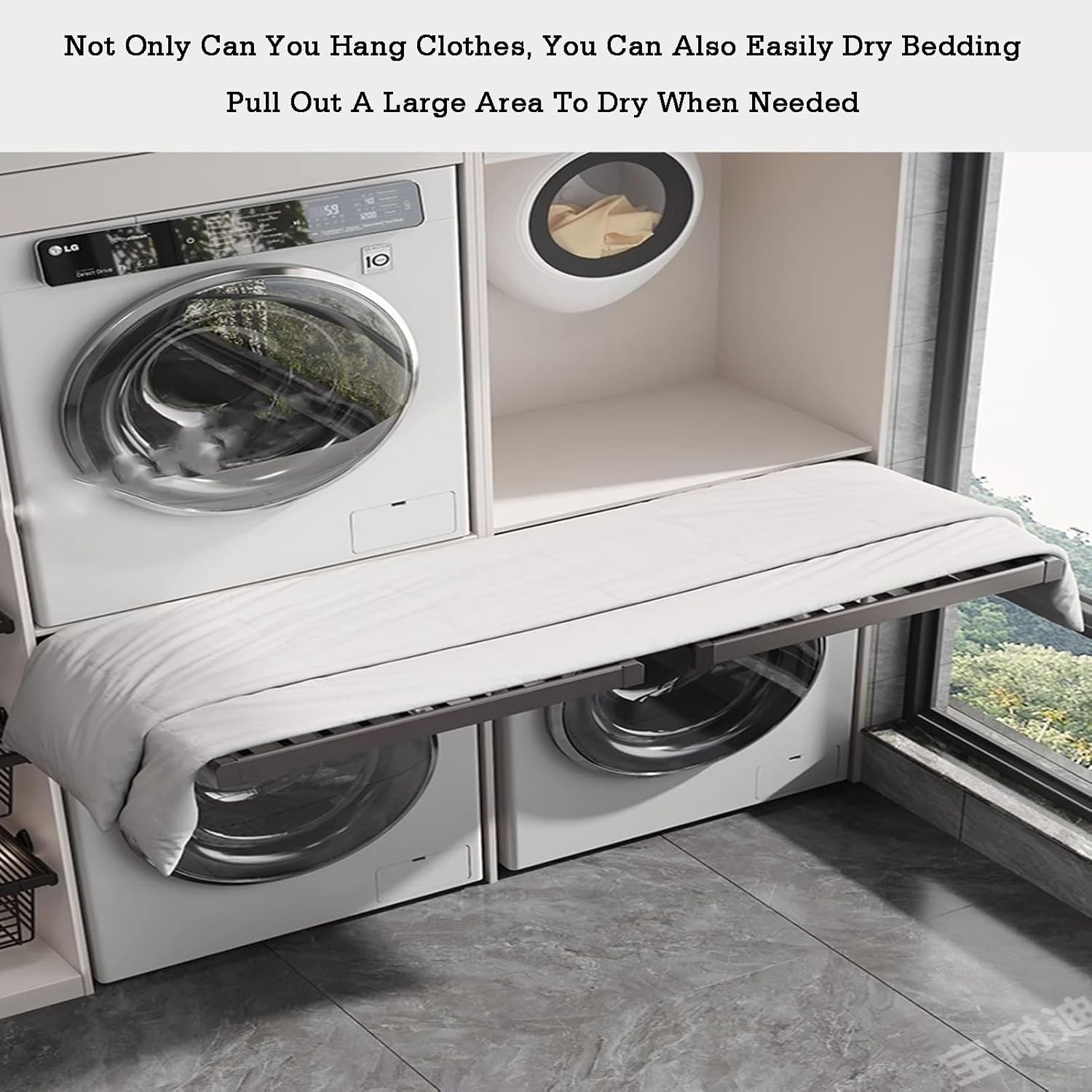 Wall-Mounted Foldable Clothes Drying Rack & Pullout Basket - Space-Saving Solution for Laundry Room, Ideal for Above Washer (614-664mm)