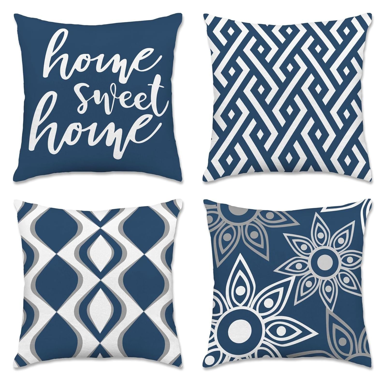 4Pcs Boho Throw Pillow Covers 18x18 Inch, Linen Home Sweet Home Decorative Square Cushion Cases, Farmhouse Modern Neutral Sofa Couch Bed Outdoor Patio Pillow Covers (Navy Blue Coastal Bohemian Set)