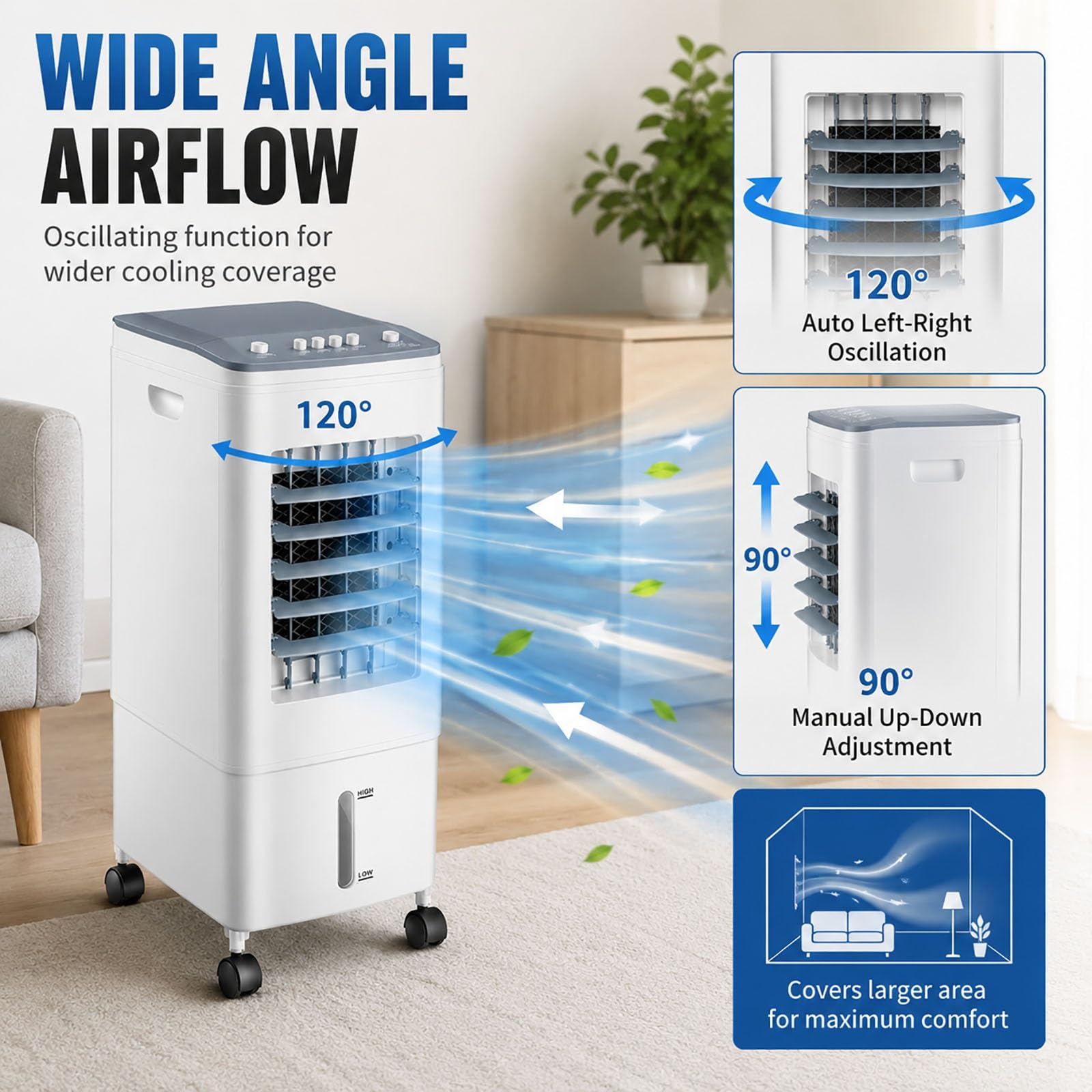 Climatizador Evaporativo, Ventilador de Torre Portátil 4 en 1, Tanque de 6L, 3 Velocidades y Modos, Oscilación 120°, Enfriador de Aire Silencioso con 4 Acumuladores de Hielo