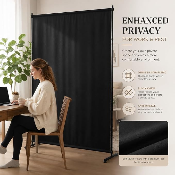 Biombo panel único de 5FT x 6FT con pantalla de privacidad compacta y tela gruesa, partición temporal para separación de habitaciones, portátil para apartamento estudio, dormitorio, oficina en casa, negro miniatura 3
