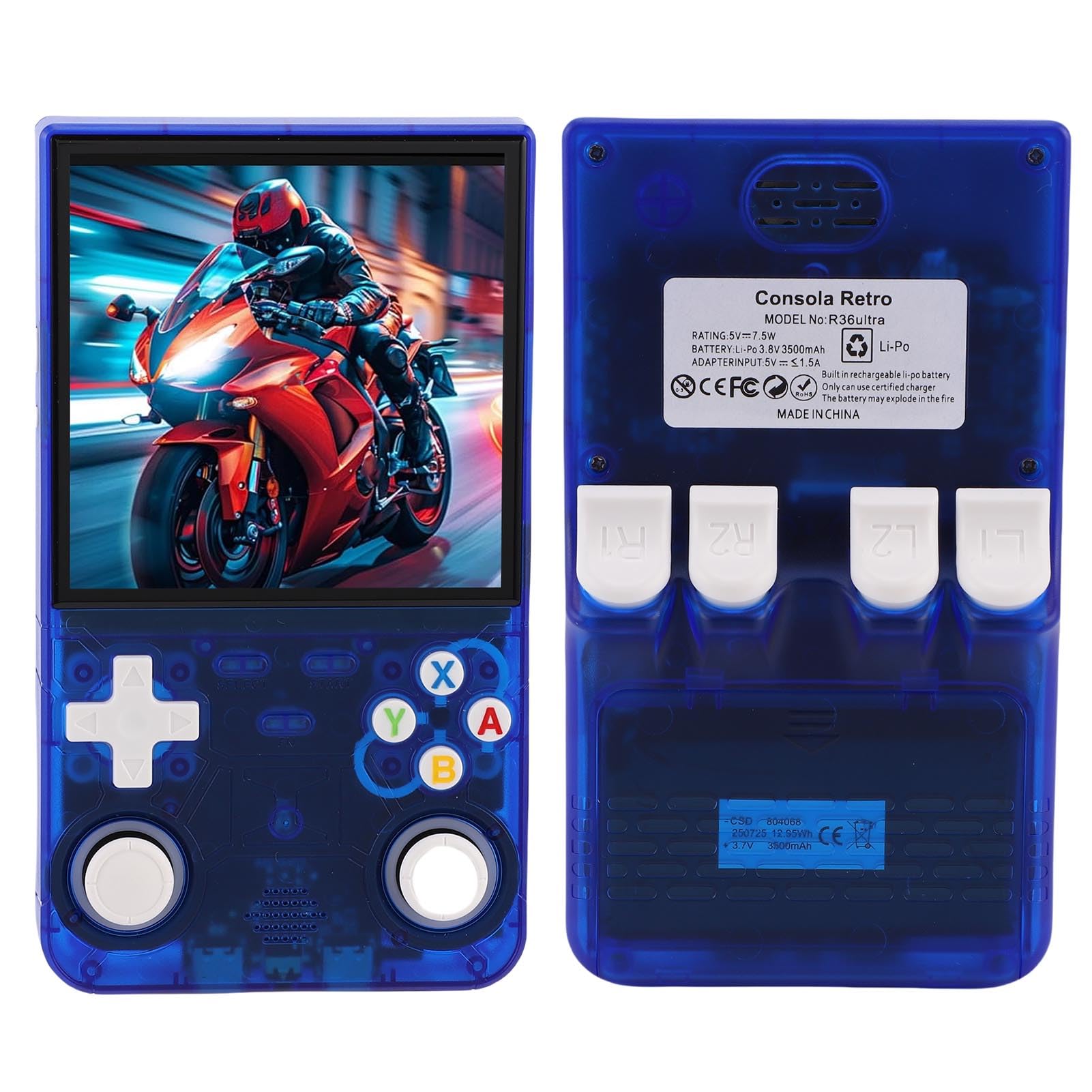 Console di Gioco Portatile Ultra retrò R36 con Schermo HD da 4,0" per Giochi Multiplayer in Movimento, Blu Trasparente, Design Portatile (128G)
