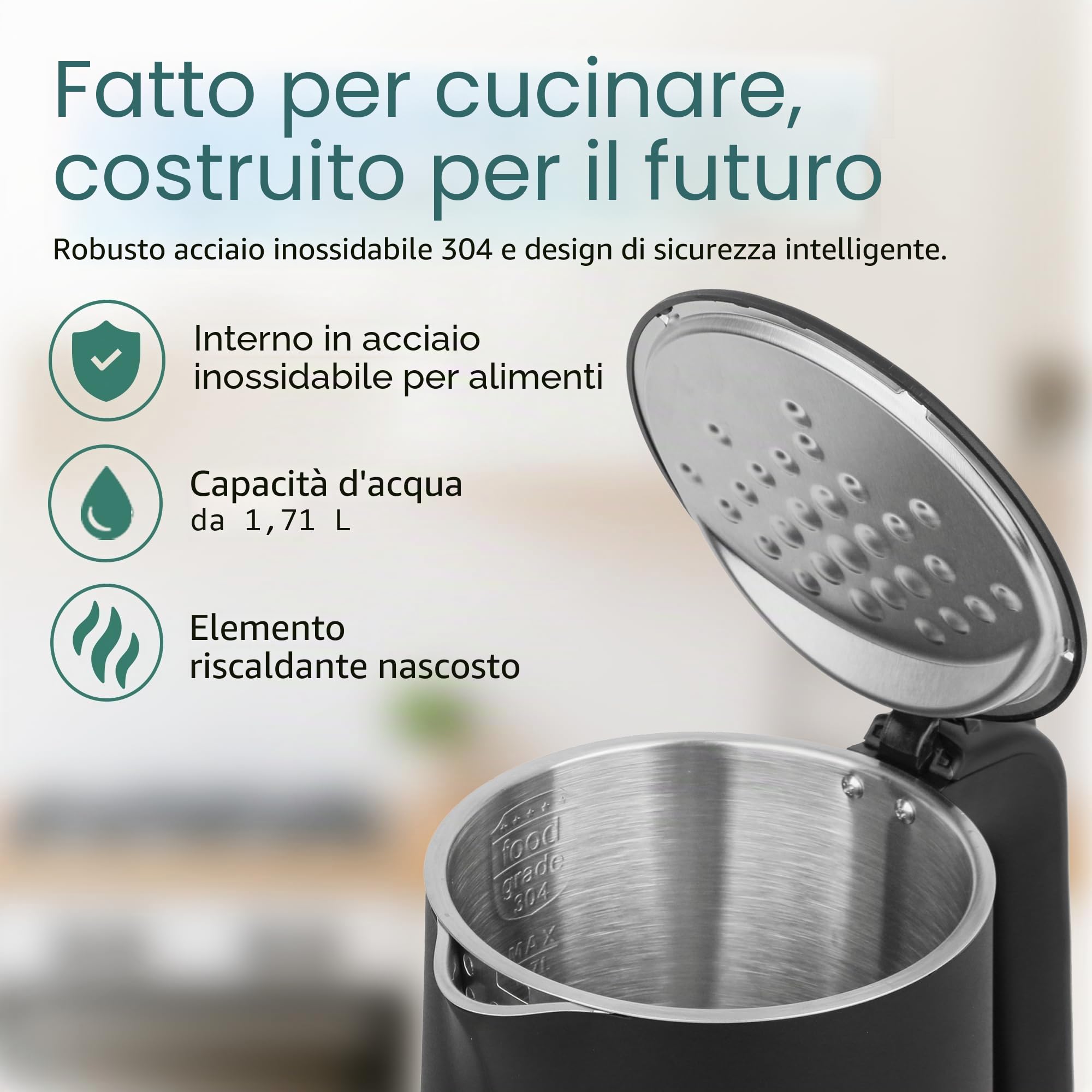 EMERIO Bollitore in acciaio inox, 1,7 l, doppia parete isolata, scelta della temperatura 40 – 100 °C in incrementi di 5 °C, display con varietà di tè preprogrammate, senza BPA, 2200 W, spegnimento