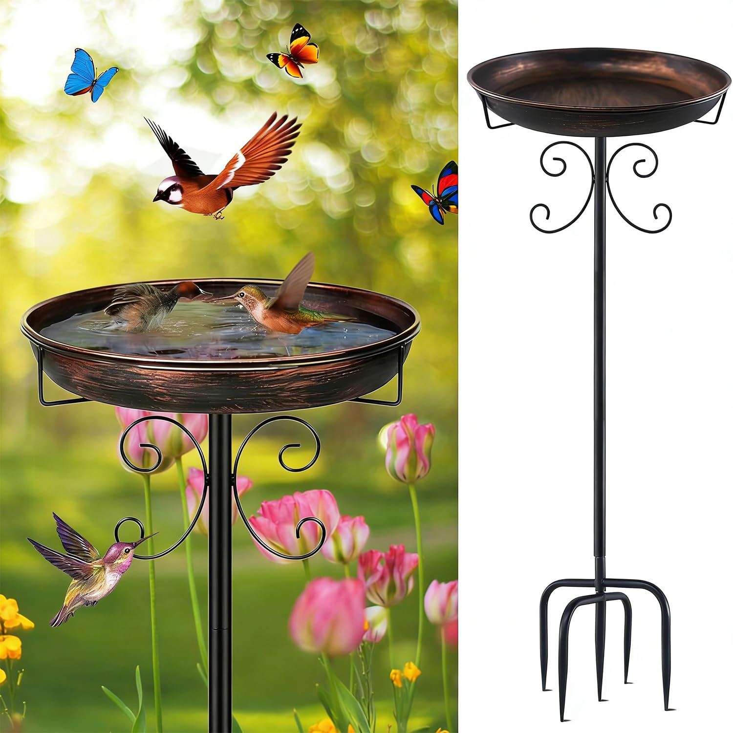 Vogeltränke Stehend, Vogelbad für Draußen Garten mit 5-Prong Basis – Großes Metall Vogelbecken Ø31 cm, Rostfrei & Wetterfest, Antike Vogeltränke Futter Wasserschale Terrasse Garten Deko, Antike Bronze
