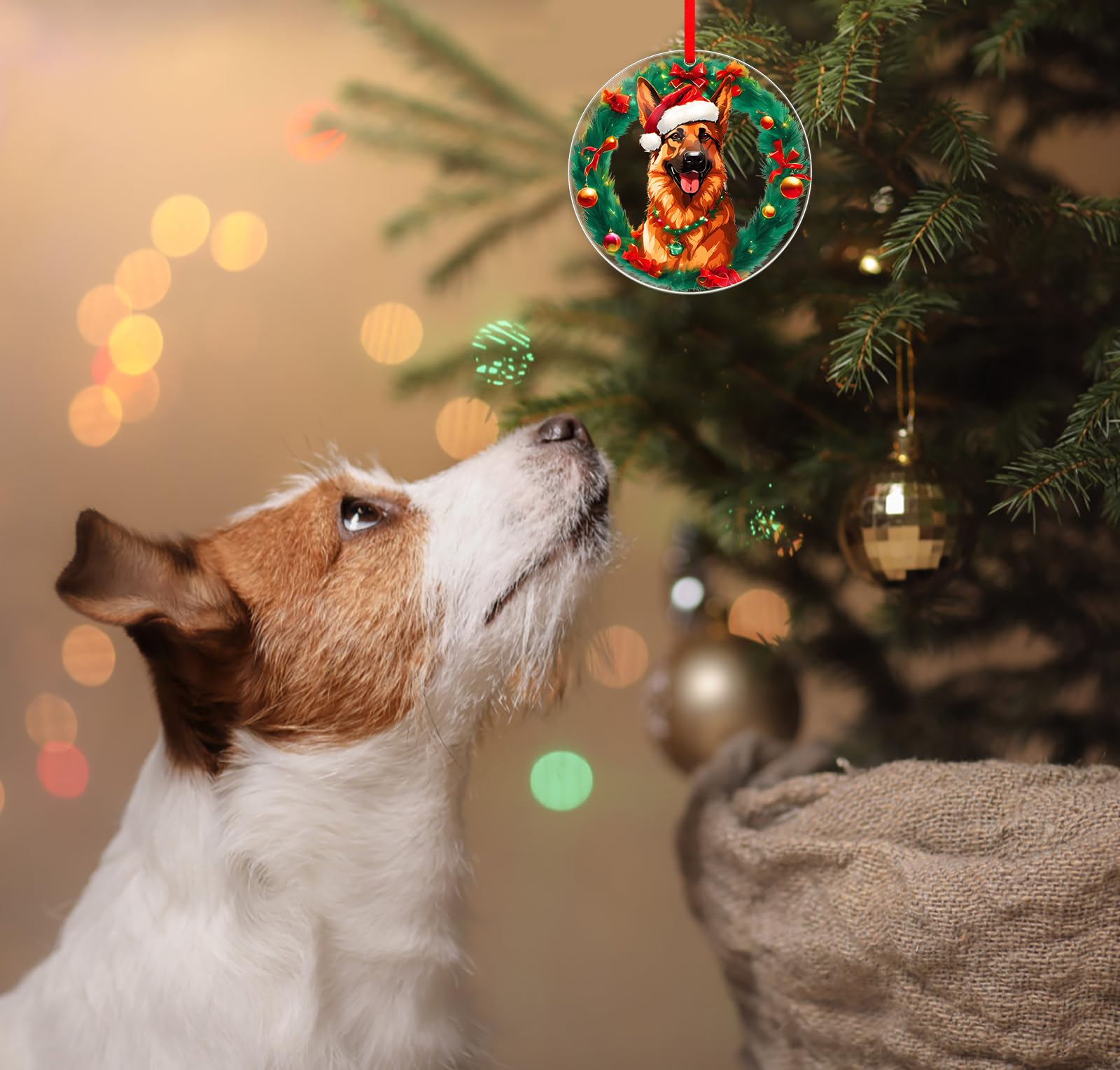 WaaHome German Shepherd Christmas Ornaments Dog Wear Santa Hat Ornaments for Christmas Tree Decorations, Dog Lover Gifts for Women Kids Puppy Pet Lovers