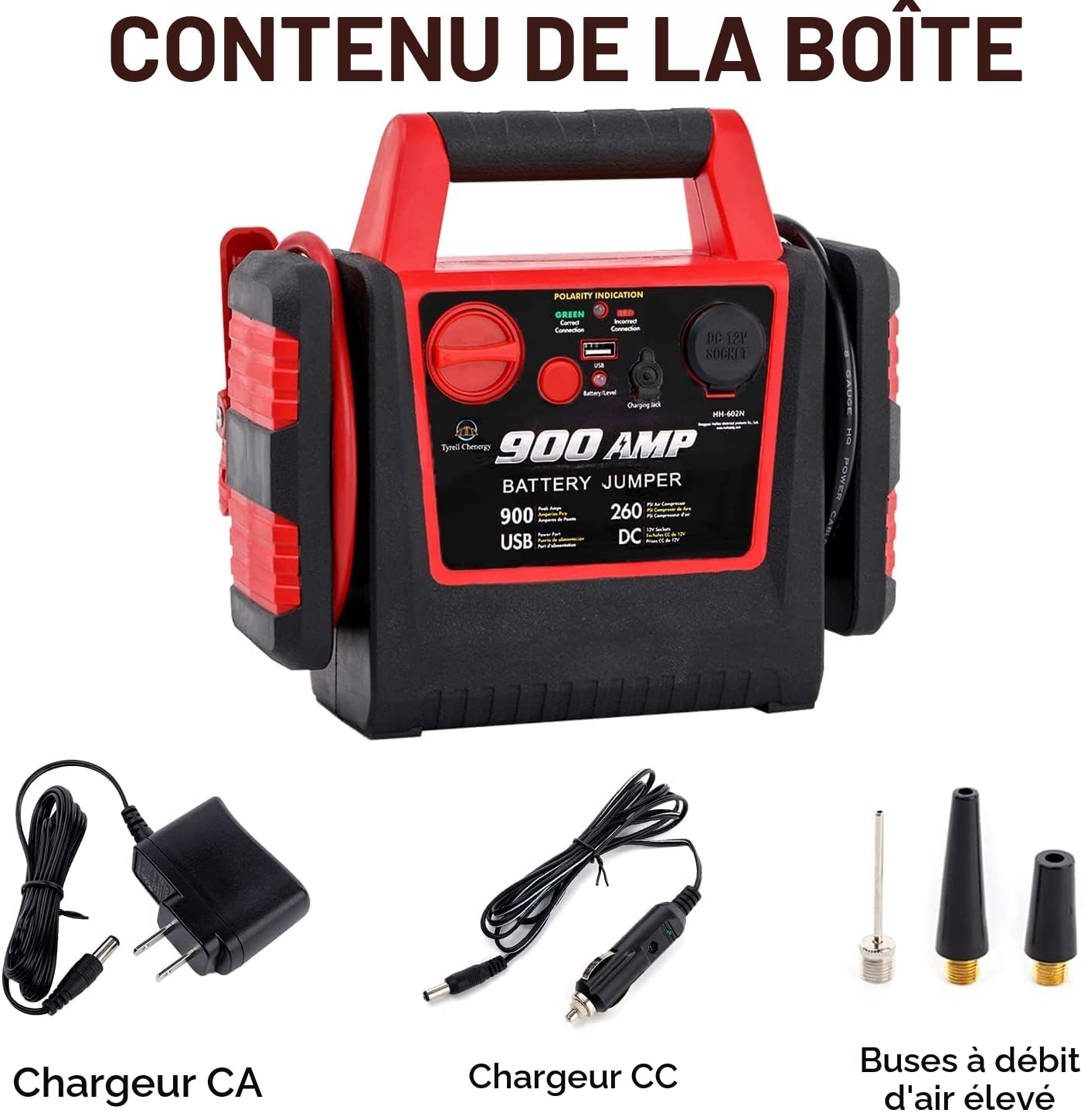 Bloc d'alimentation de démarrage de Voiture avec compresseur d'air, 900 A 12 V Plomb-Acide Booster Power Pack, Chargeur de Banque d'alimentation avec Prise USB et Prise DC, gonfleur de Pneu