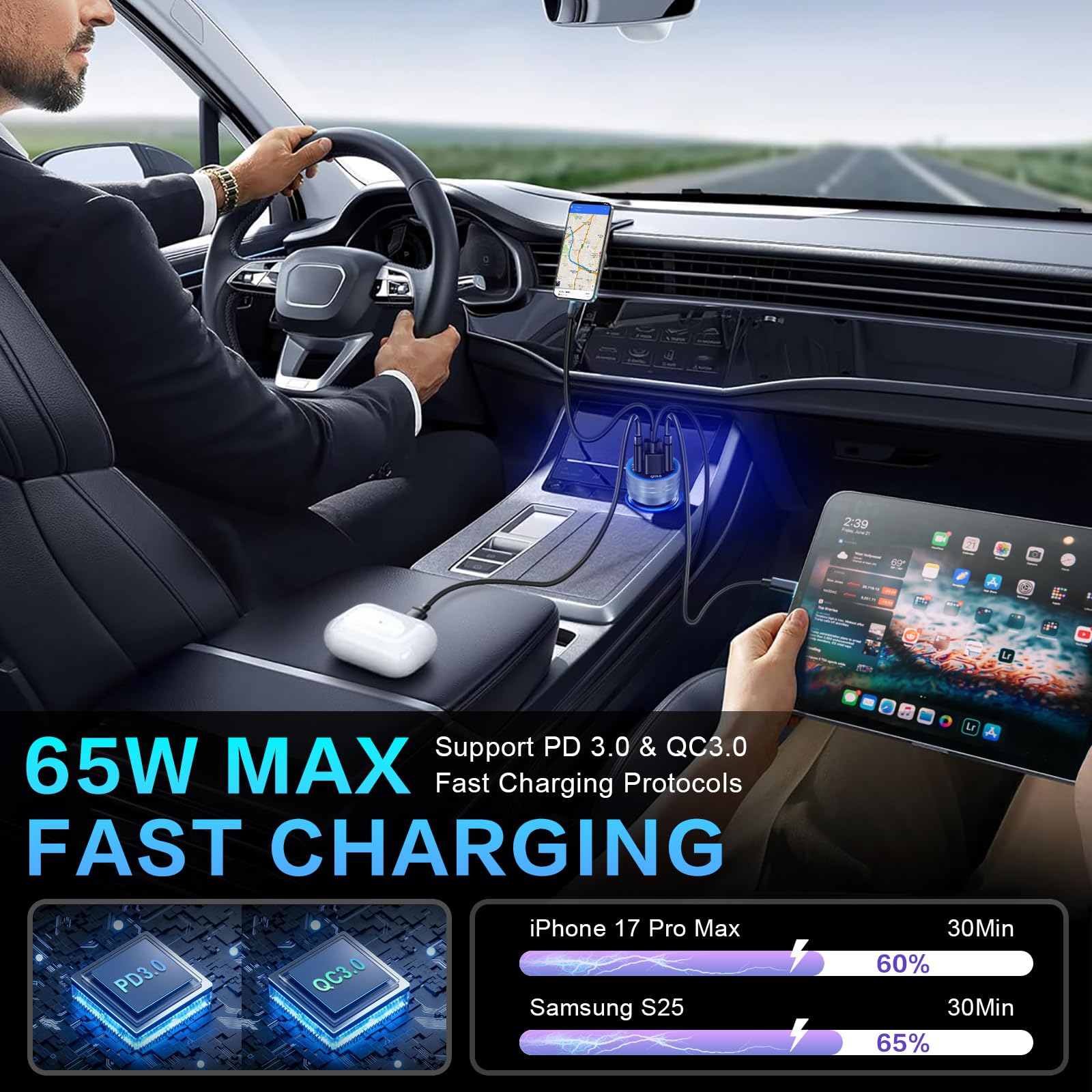 Cargador de coche, adaptador de cargador rápido de coche de 4 puertos de 65 W con PD+QC 3.0, cargador de teléfono de coche de 12 V con USB-A y USB-C, compatible con iPhone 17/16e/15 Pro Max, Samsung