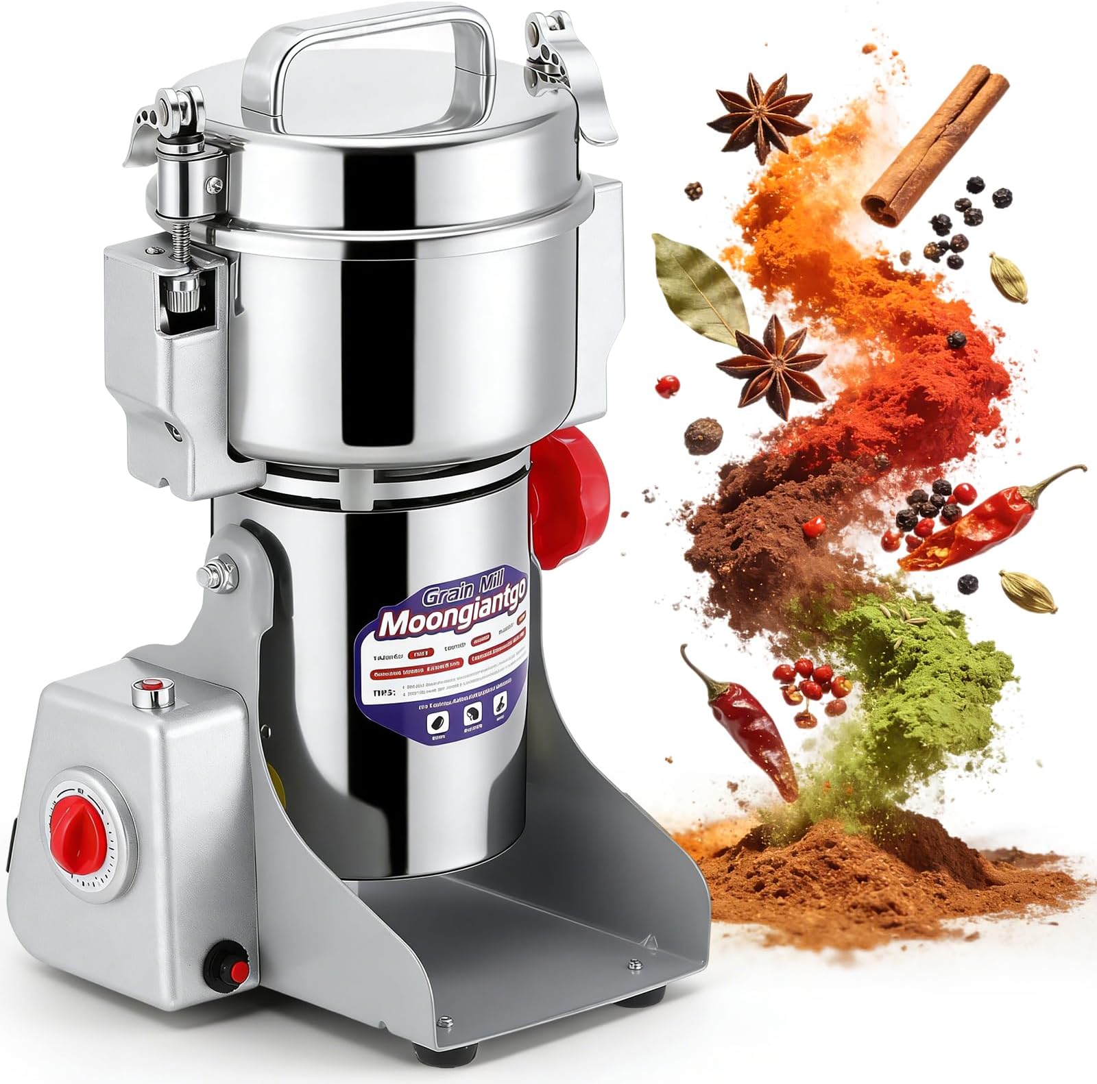 - Moongiantgo 700g Grain Mill Grinder Commercial Spice Grinder 2500W Stainless Steel Electric Pulverizer Dry Grinding Machine for Wheat Corn Rice Pepper Herbs Coffee Beans (700g Swing, 110V)