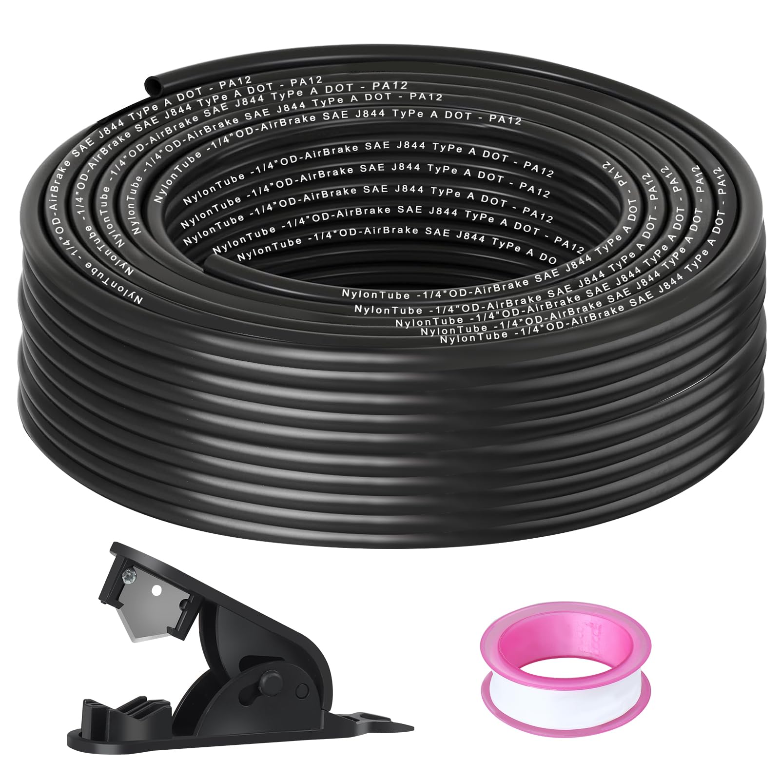 Tubo de freno de aire de nailon SAE J 844 PA12 de 1/4 pulgadas OD x 100 pies DOT negro con cortador y cinta de teflón, manguera de línea de aire de nailon neumático para semirremolque, sistema de