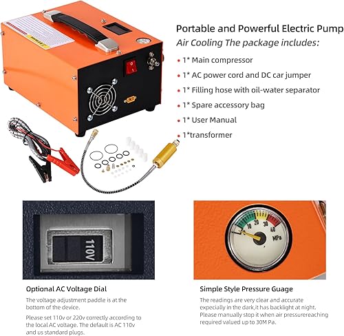 Miniatura 8 de Compresor de aire PCP, 4500 psi30 Mpa, alimentado por 110 V CA  12 V CC, parada manual, sin aceitesin agua, ventilador de refrigeración integrado,