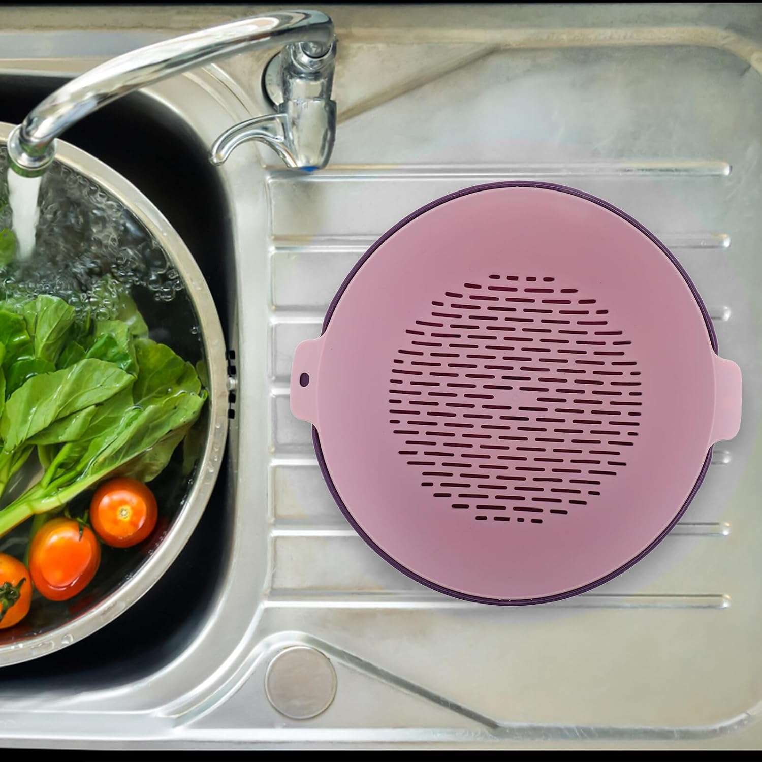 Uonlytech Double Layer Fruit and Vegetable Wash Basket, Large Thickened Drainable Kitchen Colander Set (2 Pieces) in Sunset Purple, Multi-use Fruit Strainer Suitable for Home and Rv Use