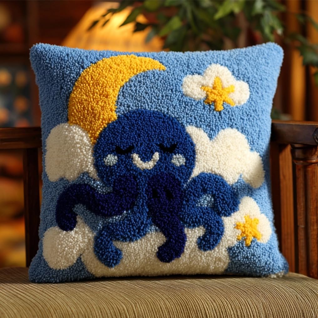 Taxpy Latch Hook Kits Pillow Octopus and Moon 17X17Inch DIY Handmade Cushion Crochet Yarn Embroidery Needlework Hook and Latch Kit Pillowcase Rug Cover Home Sofa Christmas Decoration