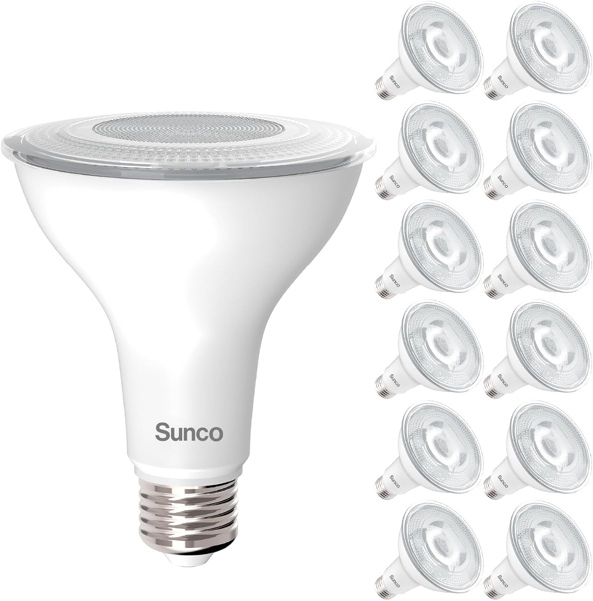 Sunco Paquete de 12 bombillas LED PAR30, luz de inundación brillante de cuello largo, E26, 11W = 75W | 1200 lm, luz blanca suave de 3000 K, regulable, alto brillo, base media, iluminación de inundación empotrada de seguridad para interiores/exteriores, clasificación húmeda