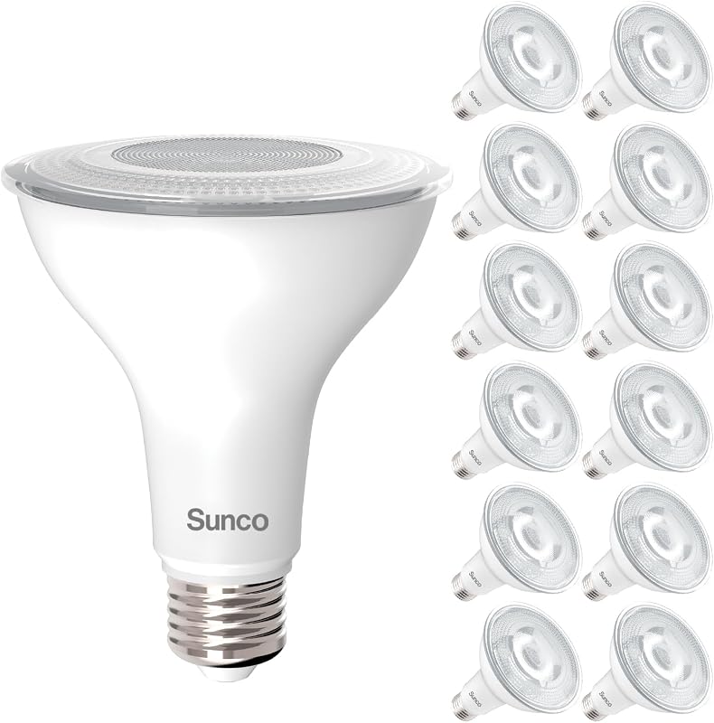 Sunco Paquete de 12 bombillas LED PAR30, luz de inundación brillante de cuello largo, E26, 11W = 75W | 1200 lm, luz blanca suave de 3000 K, regulable, alto brillo, base media, iluminación de inundación empotrada de seguridad para interiores/exteriores, clasificación húmeda