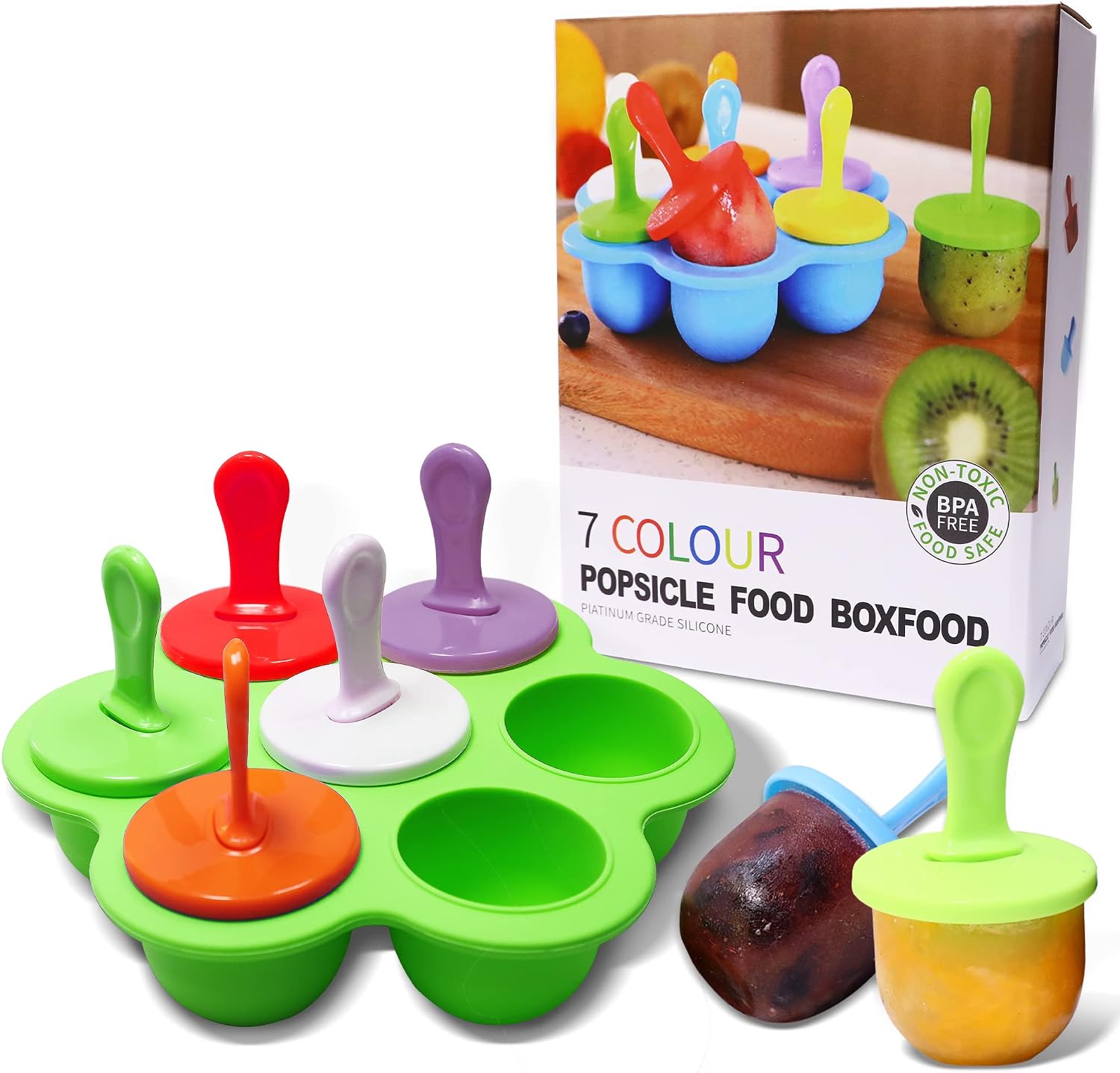 Silicone Popsicle Molds 7-cavity DIY Ice Pop Mold with Colorful Sticks For egg biting ice cream molds storage containers non stick cake molds (Green)