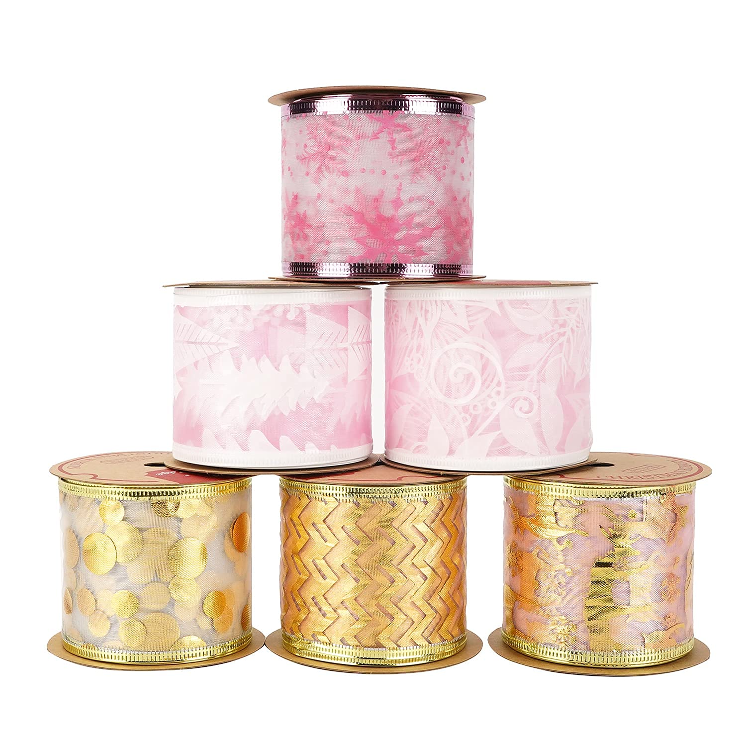 MEEDEE Weihnachtsband, 6.3 cm, 6 Rollen, 36 Yards, rosafarbenes Gold, Weihnachtsbaumschmuck, Drahtband, Sortiment perfekt für Geschenkverpackungen, Schleife, Girlande, Kranz, Treppenhaus, Dekoration
