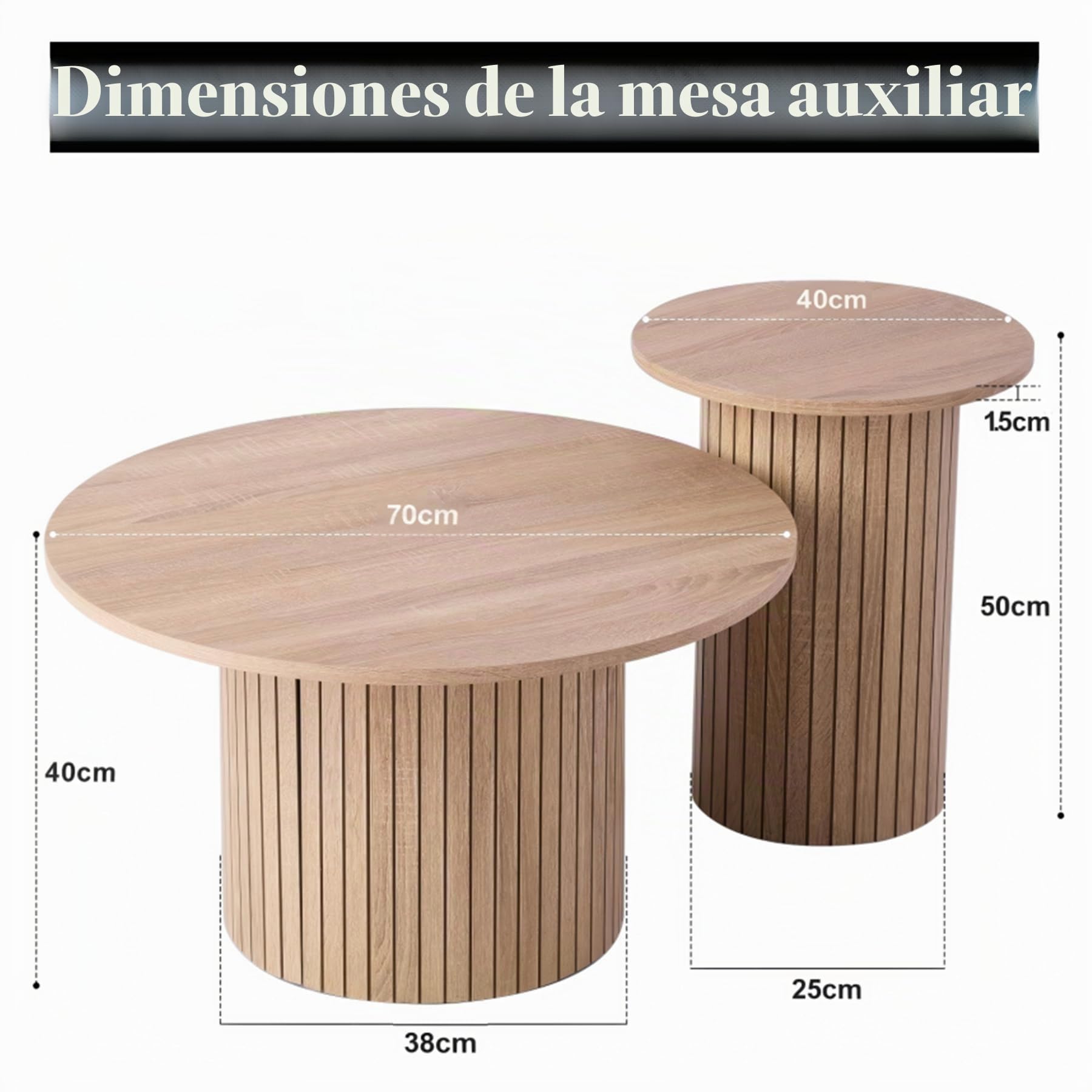 Juego 2 Mesas de Centro Redondas Apilables, Madera Clara | Tablero MDF con Textura de Madera Natural, Fácil Limpieza, Base Cilíndrica Estable, Para Salón, Dormitorio y Cafetería