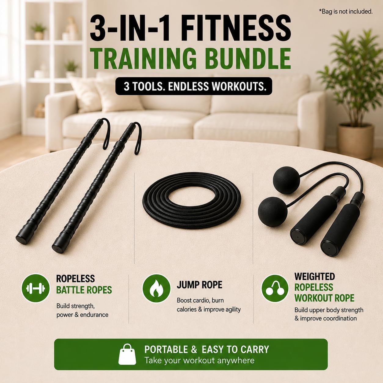 Weighted Ropeless Battle Rope with Free Jump Rope & Cordless Jump Rope, Heavy-Duty Cordless Battling Ropes