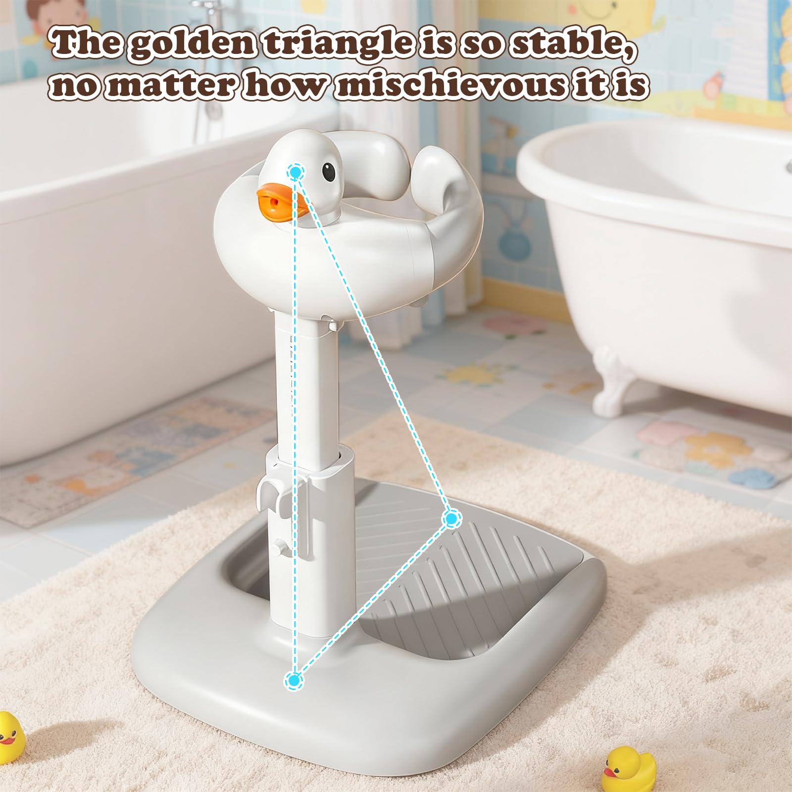 Support de Bain Bébé Debout avec Canard Sonore, Douchette Bébé Bain Réglable en Hauteur, Siège de Bain pour Bébé Antidérapant pour 6 Mois à 3 Ans, Idéal pour Salle de Bain Familiale et Crèches