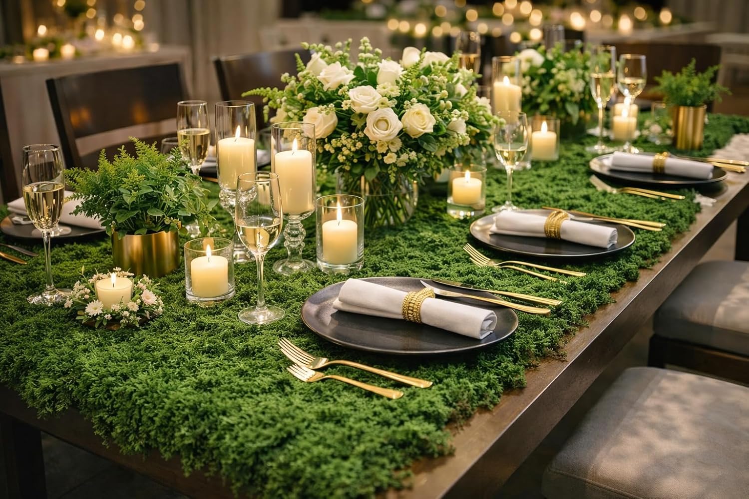 Fake Moss Table Runner for Crafts 19.68×78.74 inch Artificial Moss Sheet Roll Waterproof Carpet Blanket for Wall Roof Garden Wedding Birthday Party Table Decoration (Green)