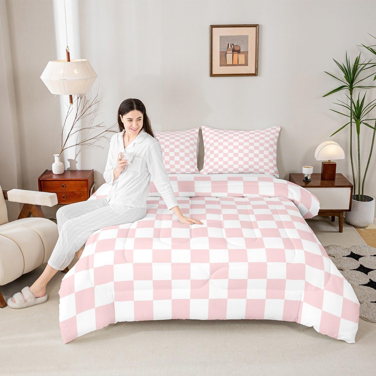 Manfei Pink White Grid Comforter Set Twin Size, Reversible Geometric Plaid Square Bedding Set 2pcs, Kids Girls Princess Room Decor, Soft Lattice Checkerd Down Comforter for All Season, 1 Pillowcase