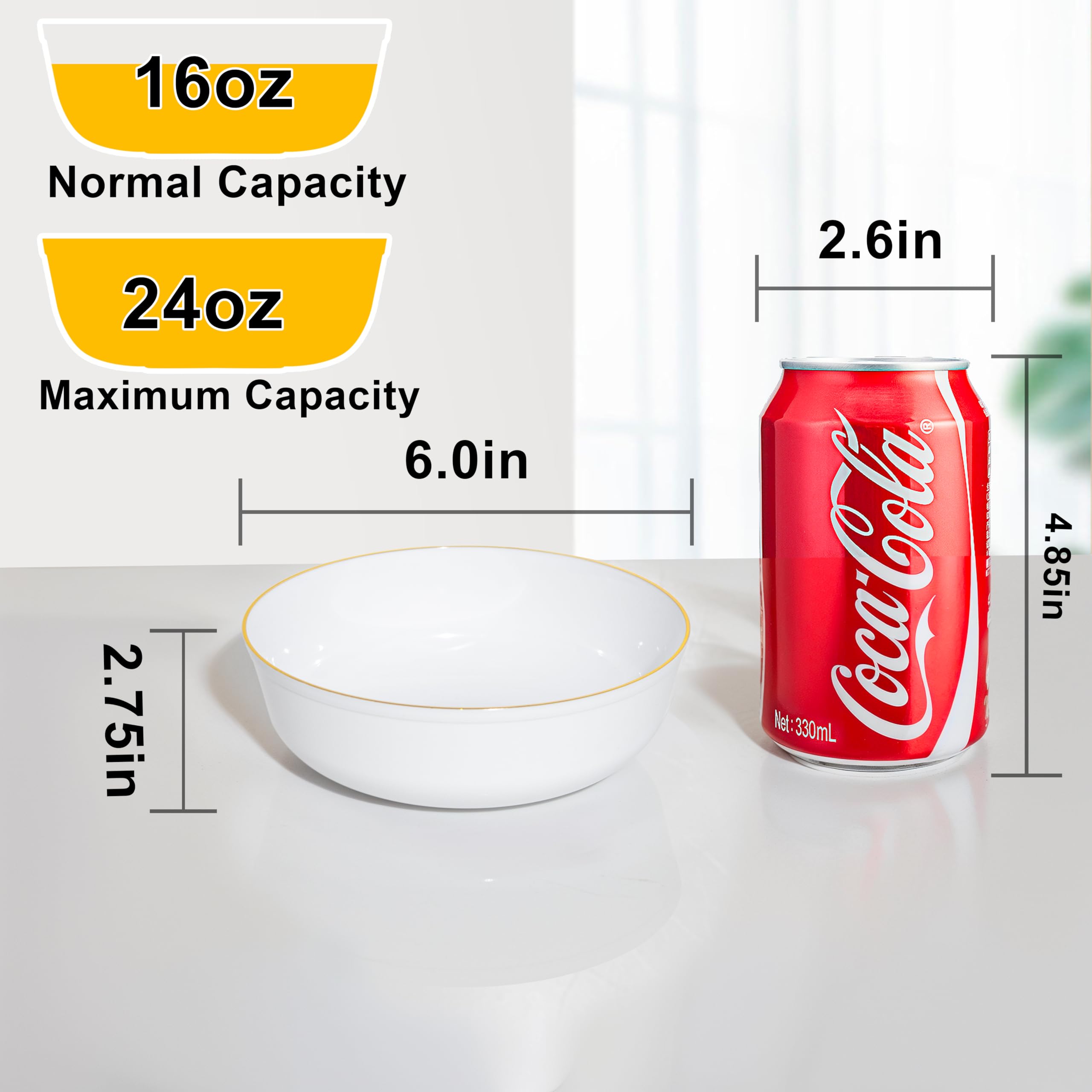 I00000 30 Pack White Plastic Bowls with Gold Rim,16-24oz Disposable Soup Bowls,Premium Heavy Plastic Serving Bowls Ideal for Salad, Soup,Noodles