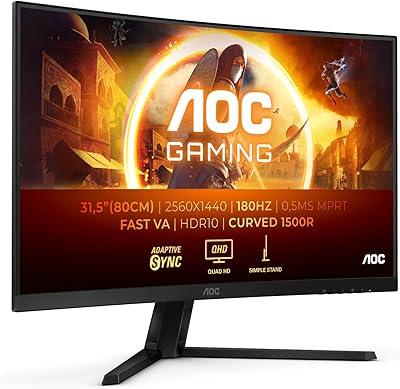 AOC Gaming CQ32G4VE Monitor curvo QHD da 32 pollici, 180 Hertz, 0,5 ms, HDR10, FreeSync Premium 2560x1440, HDMI, DisplayPort nero/grigio, 32 pollice FHD Curvo, 180 Hz, Supporto fisso