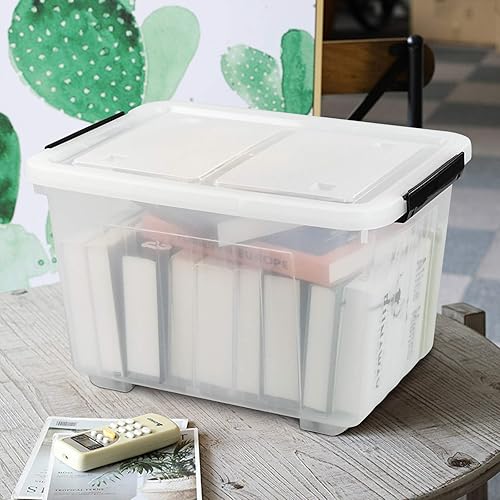 Miniatura 5 de Bringer Paquete de 4 cajas de almacenamiento de plástico transparente de 30 L, contenedor de almacenamiento grande con ruedas con tapa